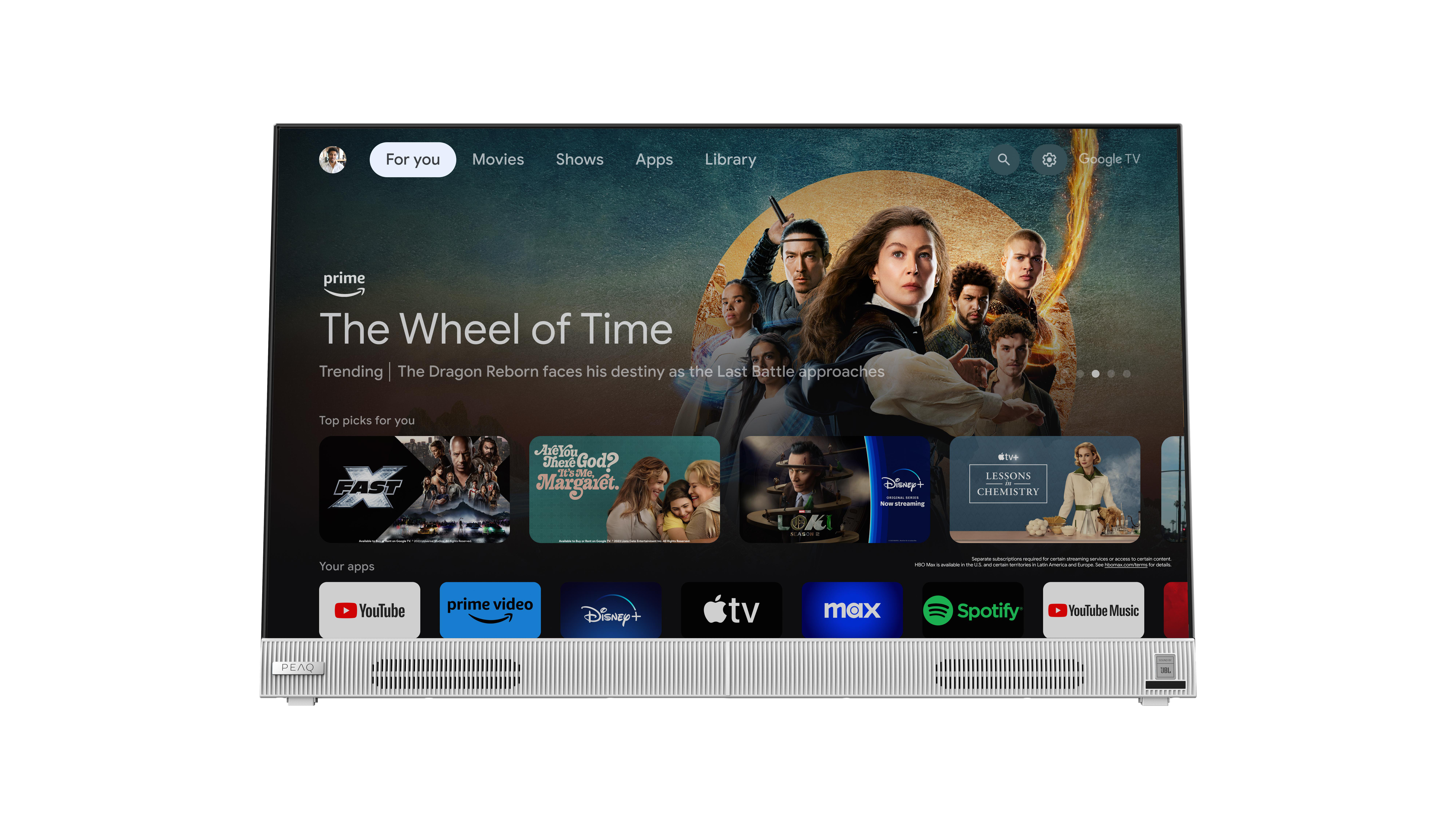 Ein moderner Fernseher, der eine Streaming-Dienst-Oberfläche mit verschiedenen Inhalten anzeigt.