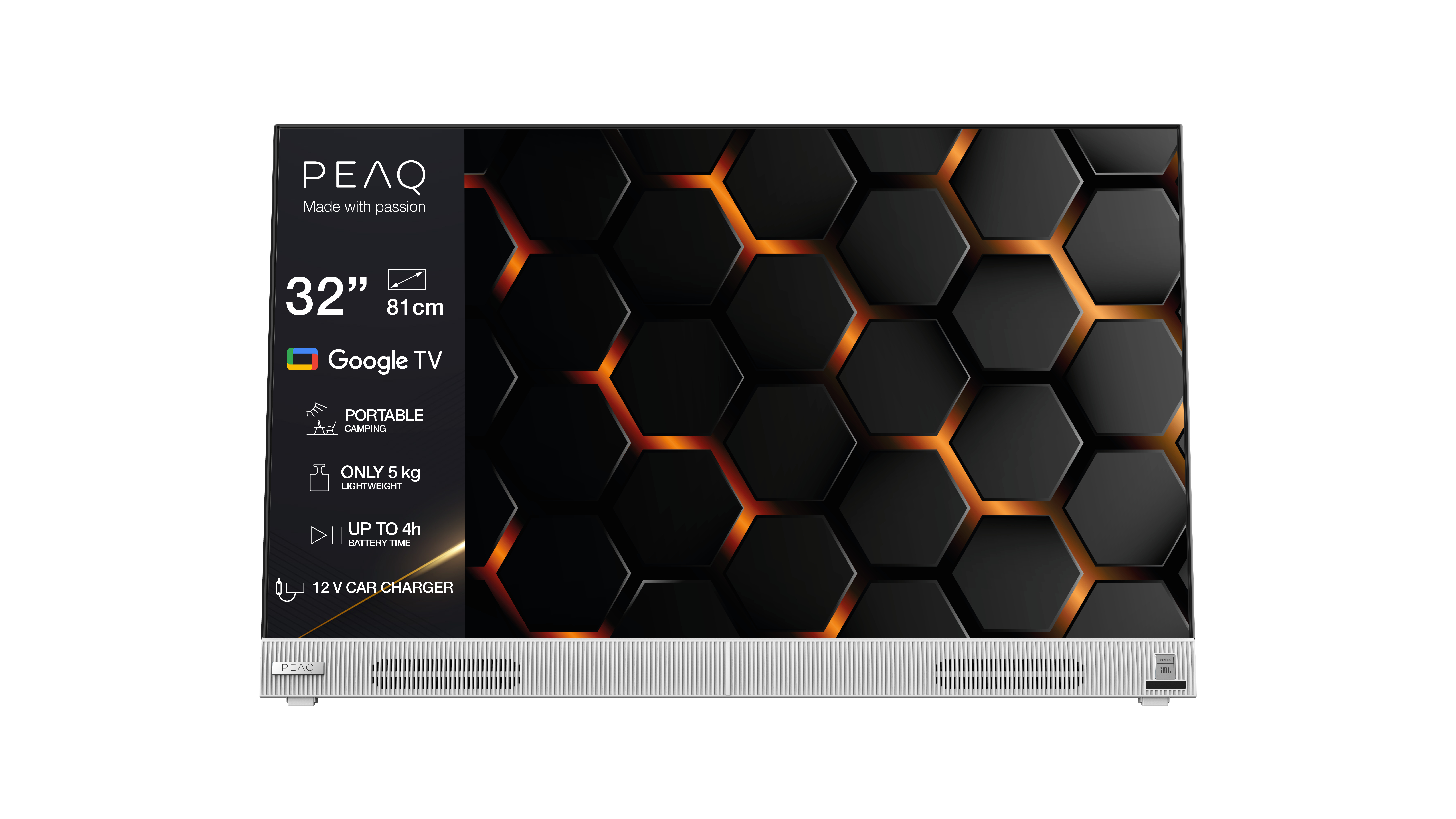 Schwarzer Fernseher mit Wabenmuster, orangefarbenen Akzenten und Produktinformationen.