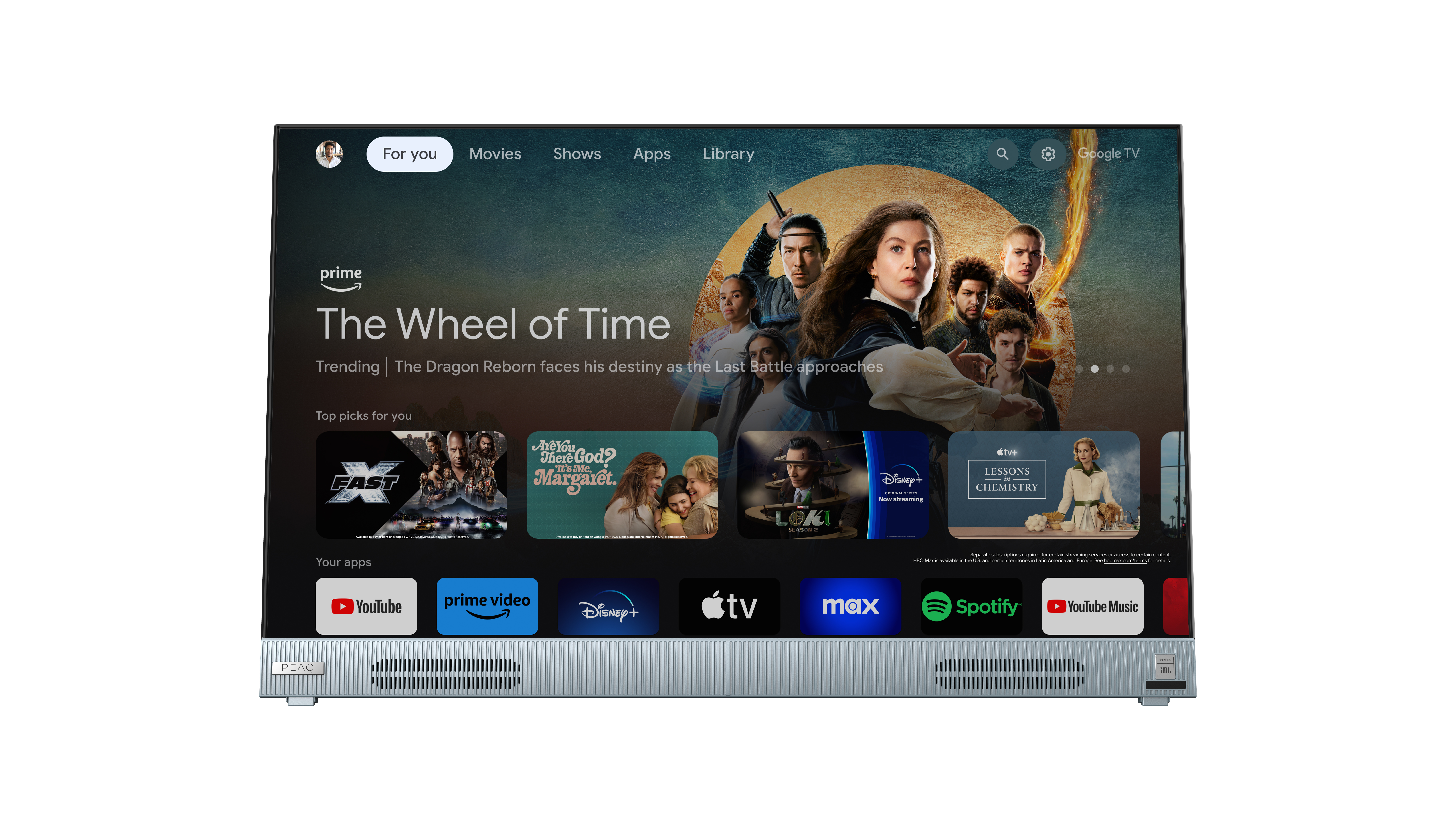 Smart-TV-Oberfläche, die 'The Wheel of Time' anzeigt, mit App-Symbolen unten.