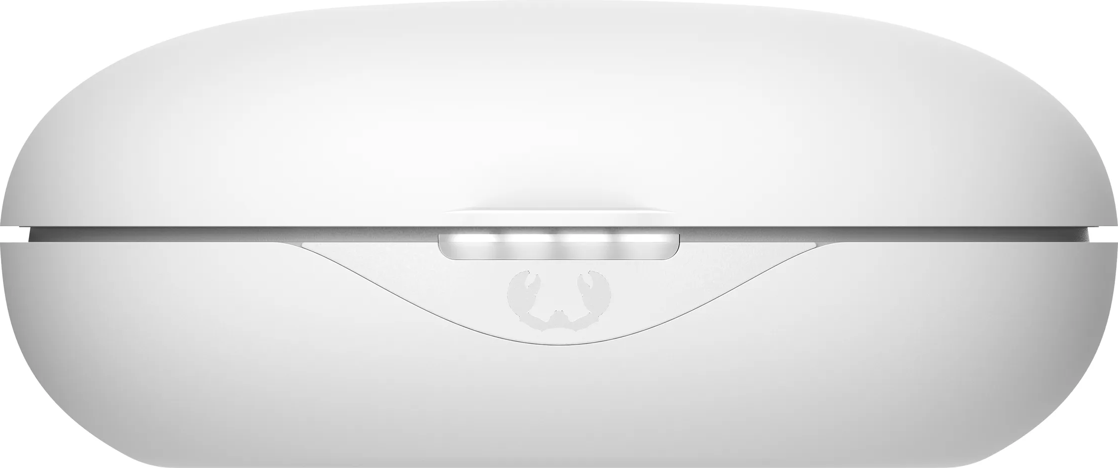 Weißes, abgerundetes Ohrhörer-Ladecase mit kleiner Öffnung und Logo.