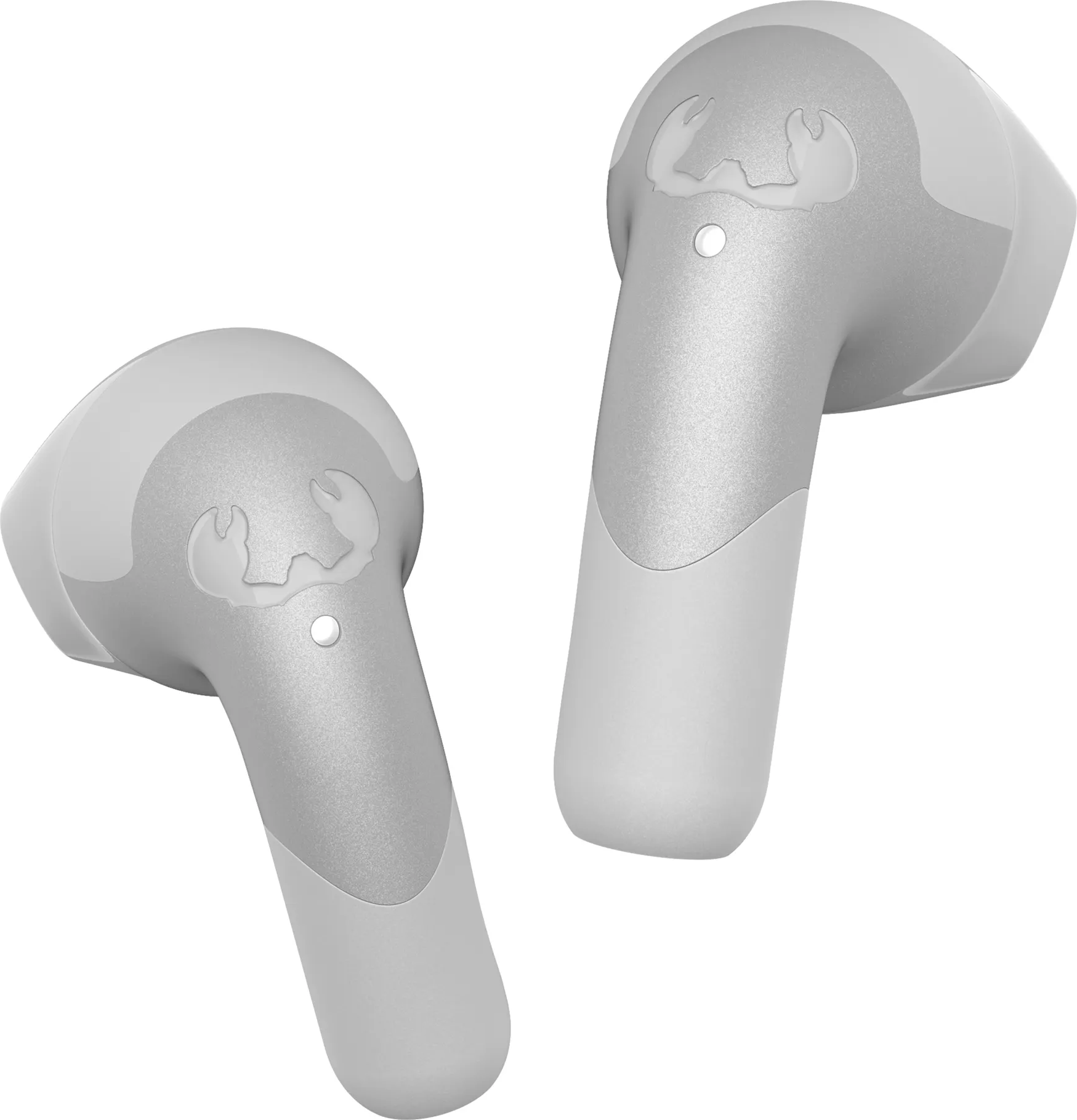 Deux écouteurs blancs avec des accents gris. Ils ont le logo Fresh 'n Rebel et sont sur fond blanc.