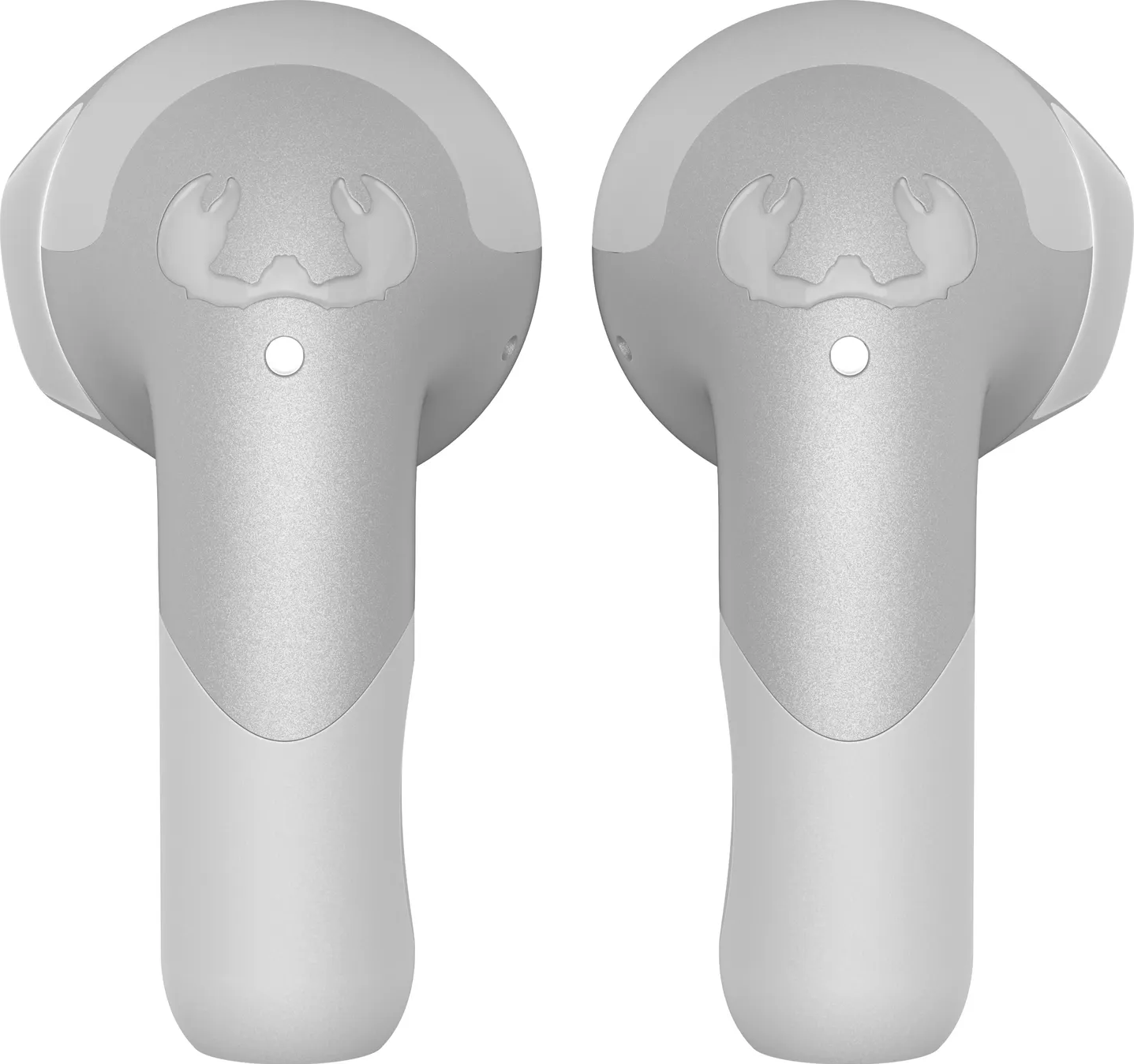 Deux écouteurs gris avec un logo. Celui de gauche est légèrement incliné. Fond blanc.