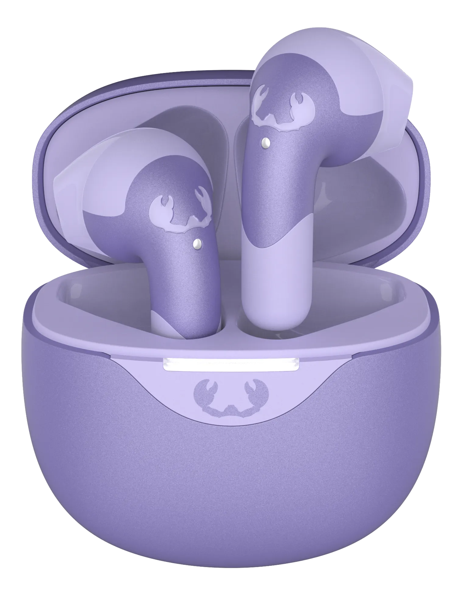 Violette kabellose Ohrhörer in einem passenden Etui, mit einem Krebs-Logo.