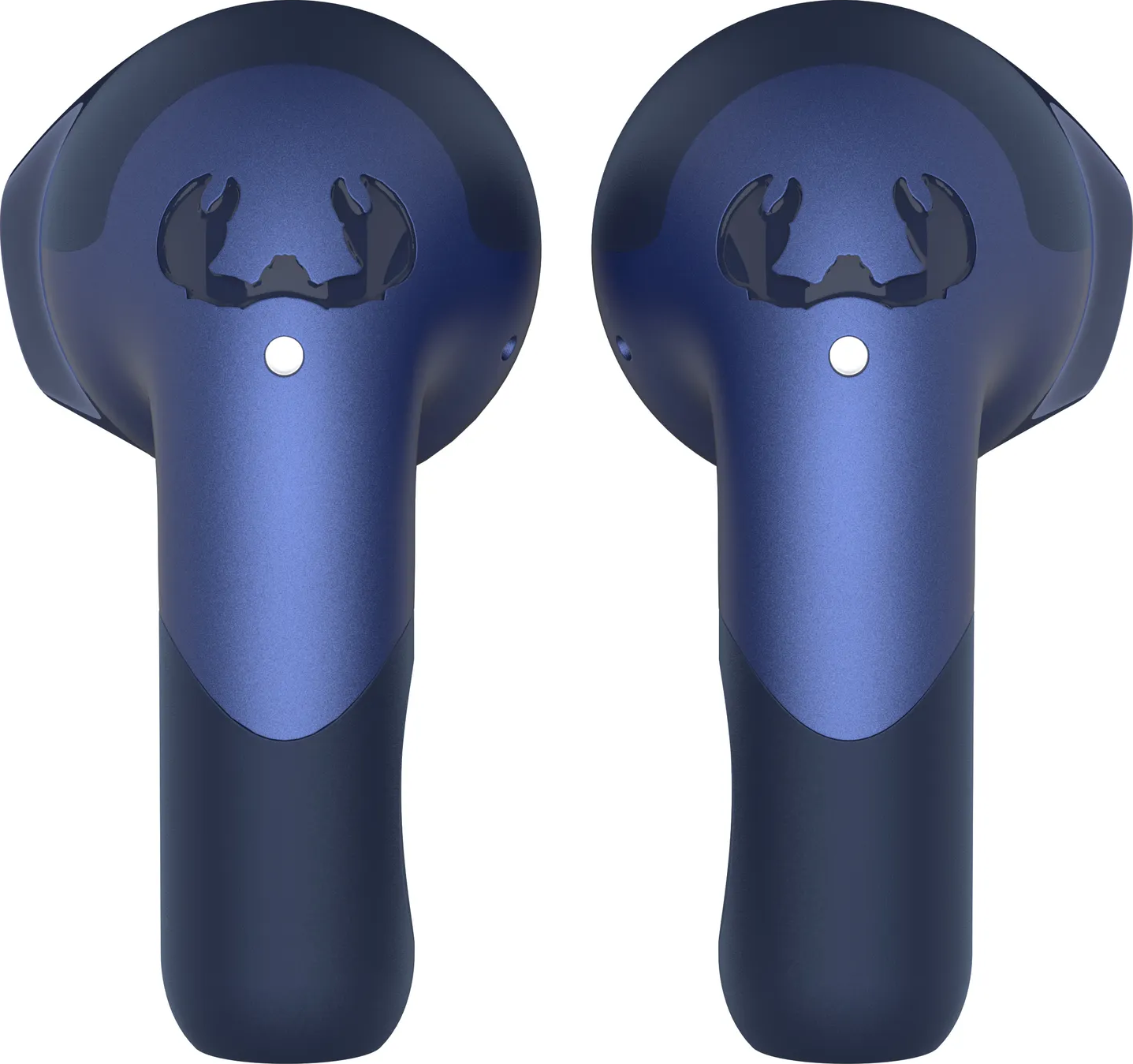 Zwei blaue Ohrhörer mit dunkelblauem Sockel, die das Design mit dem Logo zeigen.