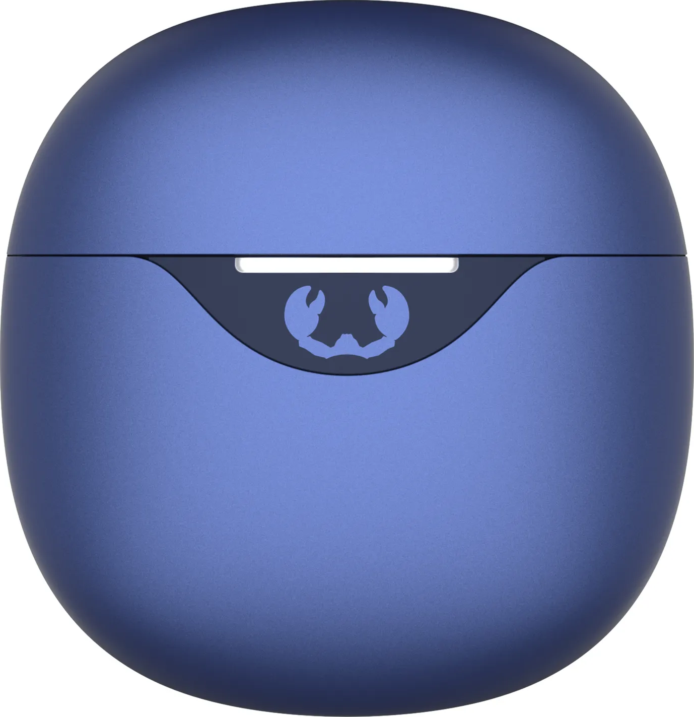 Blaue, runde Hülle mit Krabbenlogo.