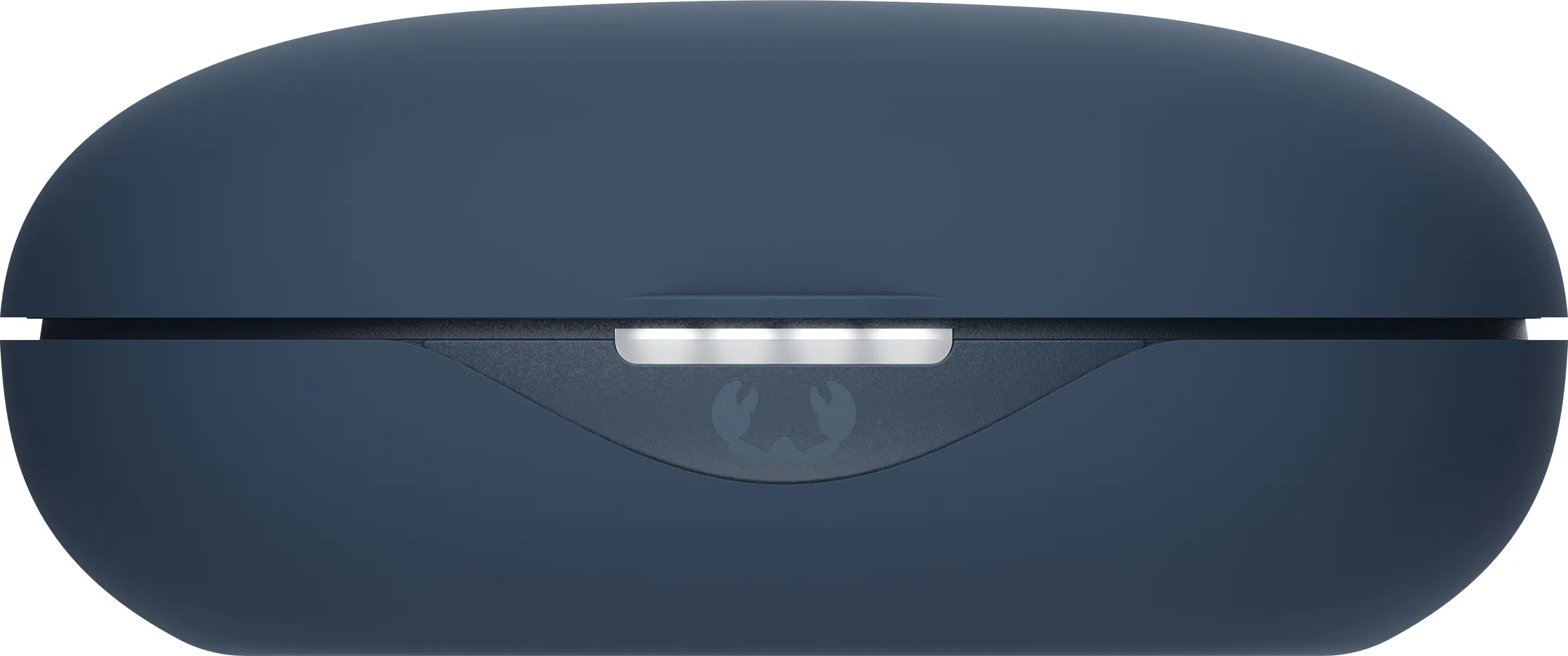 Eine geschlossene, dunkelblaue Ladebox mit einem silbernen Streifen und einem Krabbenlogo.