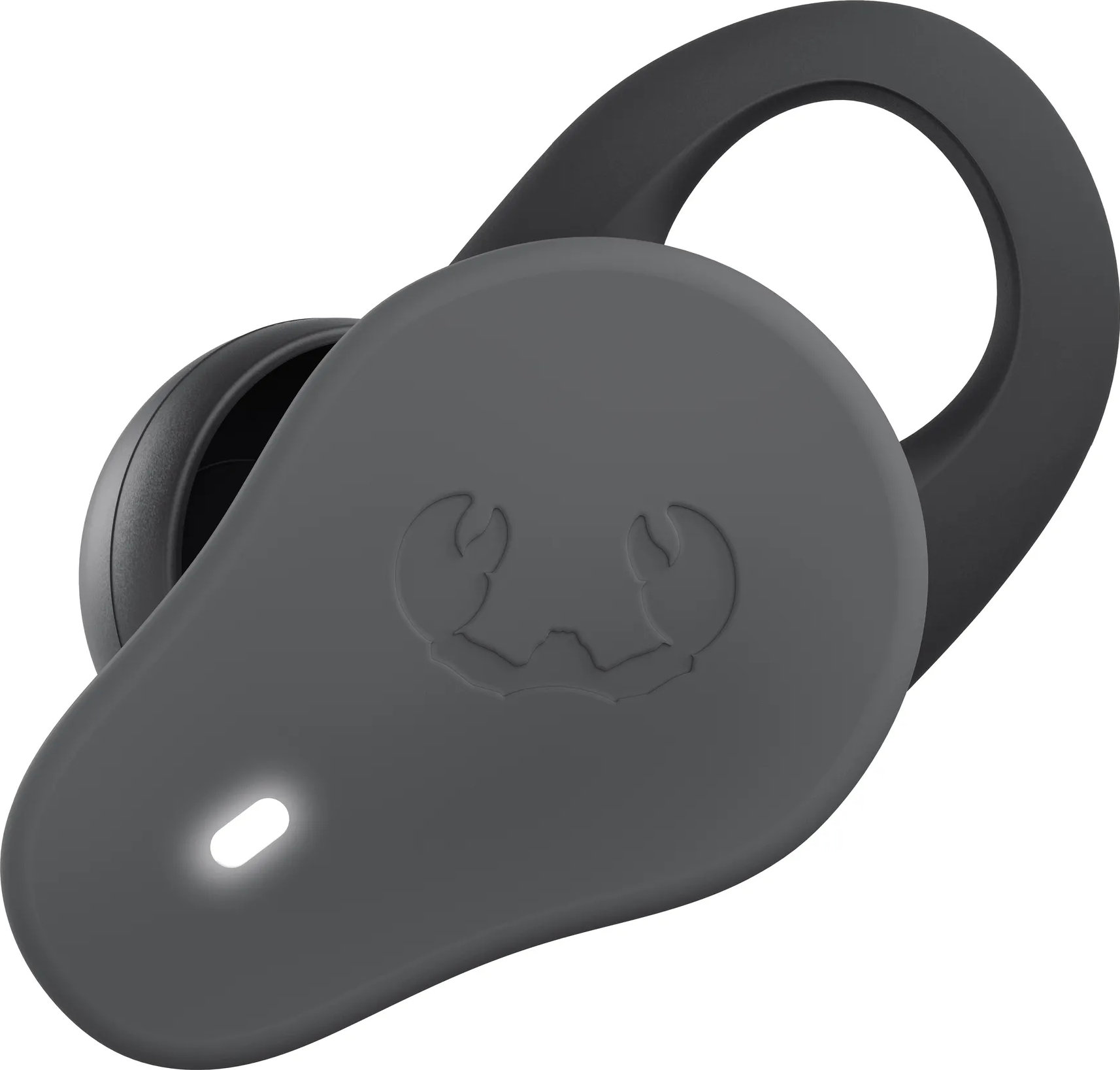 Écouteur gris avec anneau noir et logo. Lumière blanche visible sur le côté.