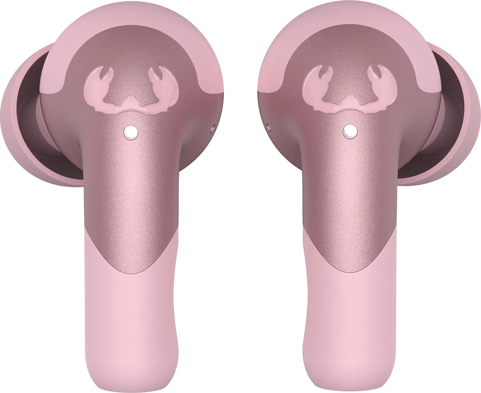 Deux écouteurs roses avec un logo de crabe stylisé.