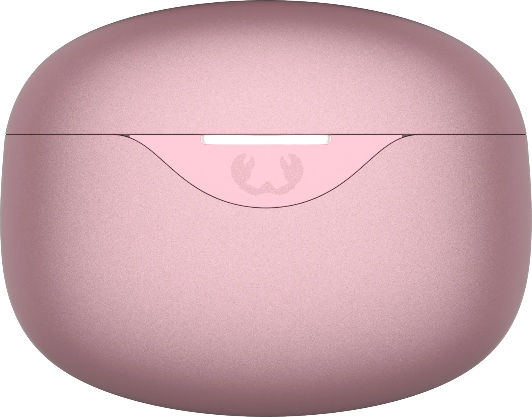 Un étui de chargement fermé, or rose, pour écouteurs sans fil avec logo.