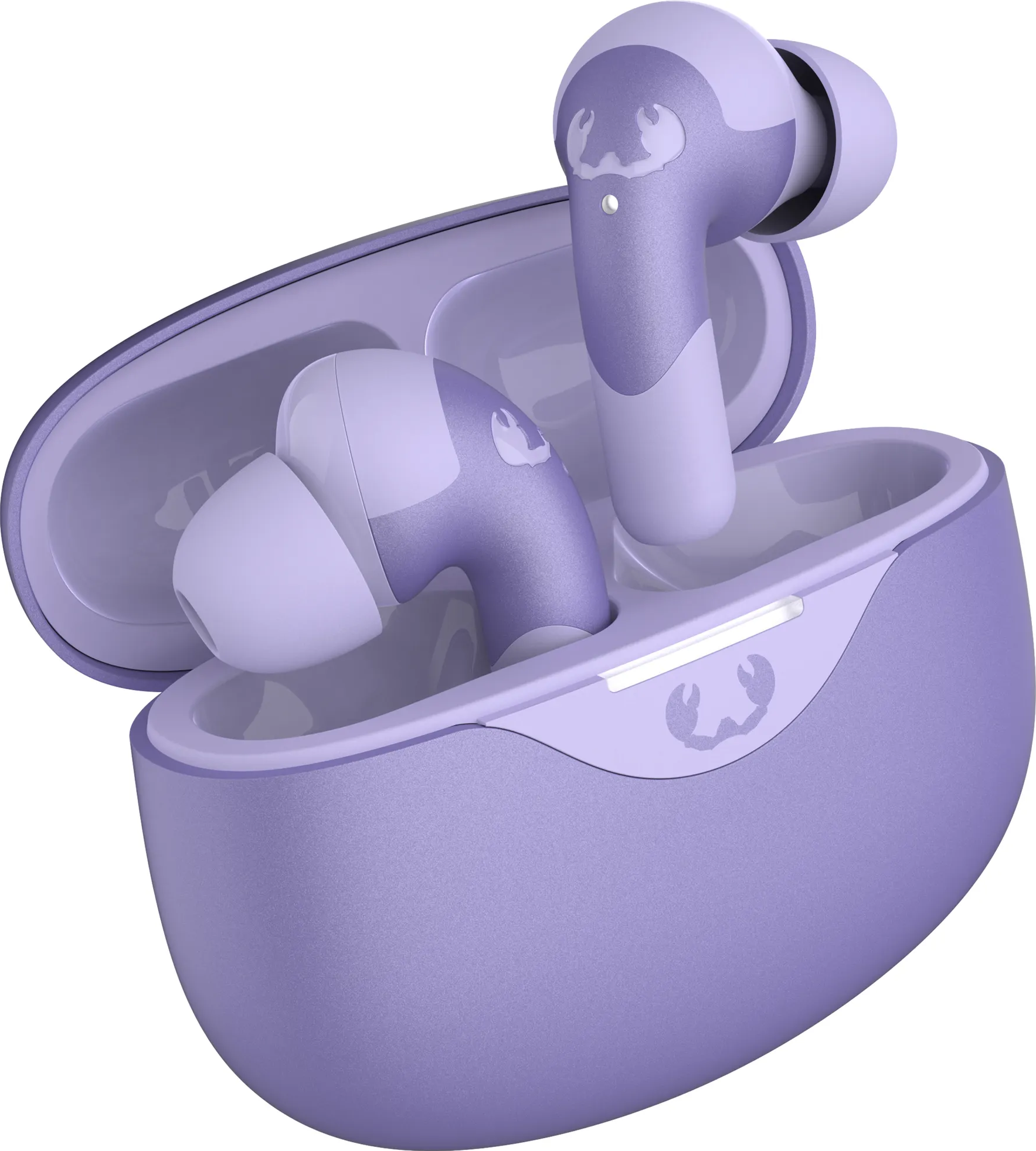 Écouteurs sans fil violets dans leur étui. L'étui et les écouteurs sont violets avec un logo blanc.