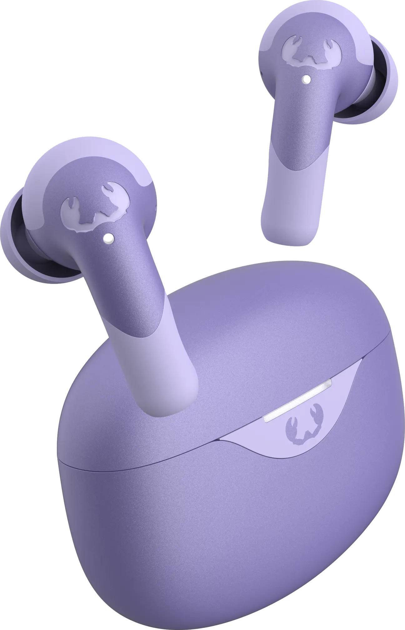 Écouteurs violets et étui de chargement. Logo blanc sur les écouteurs et l'étui. Fond blanc.