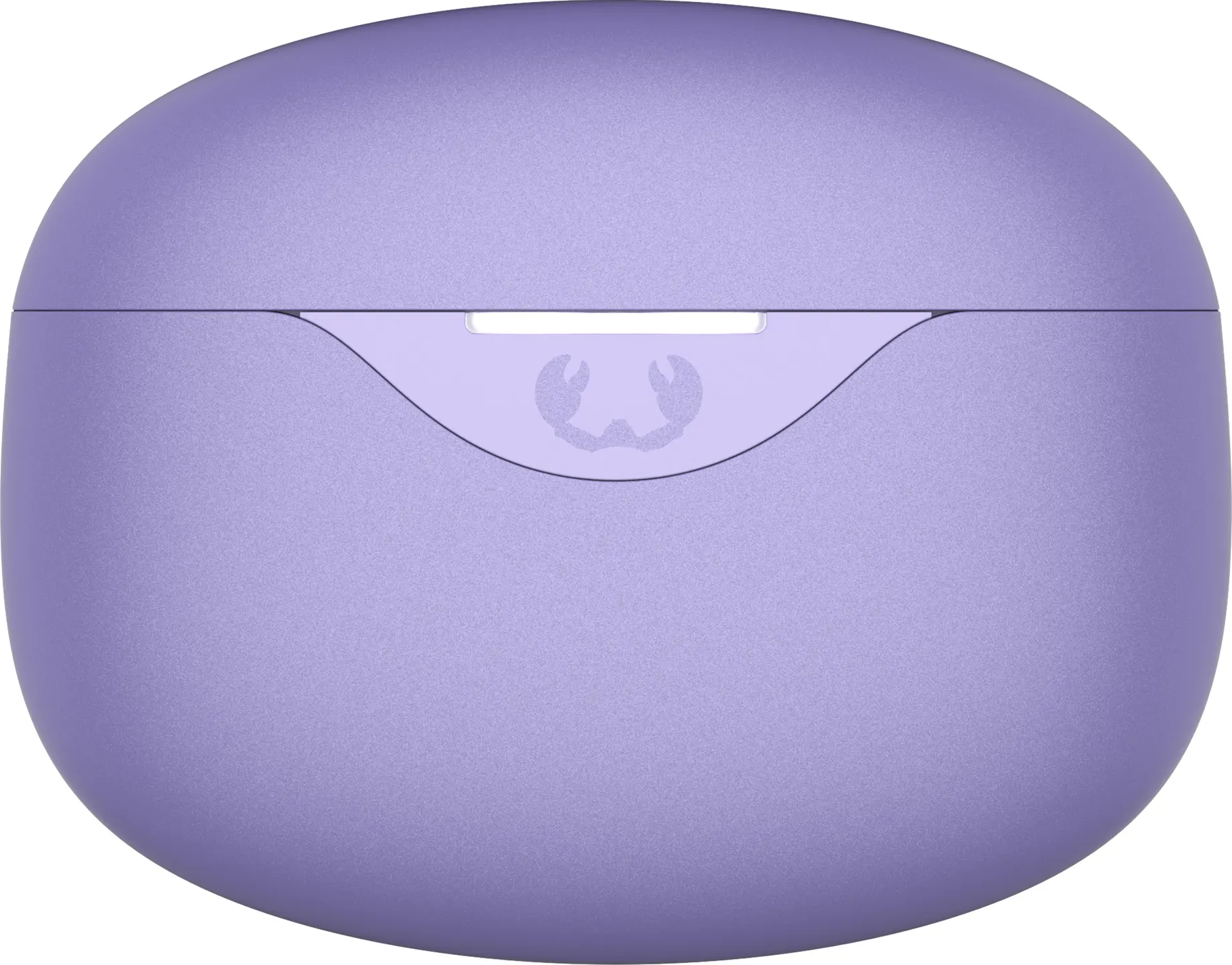 Un étui de chargement violet, de forme ovale, pour écouteurs.