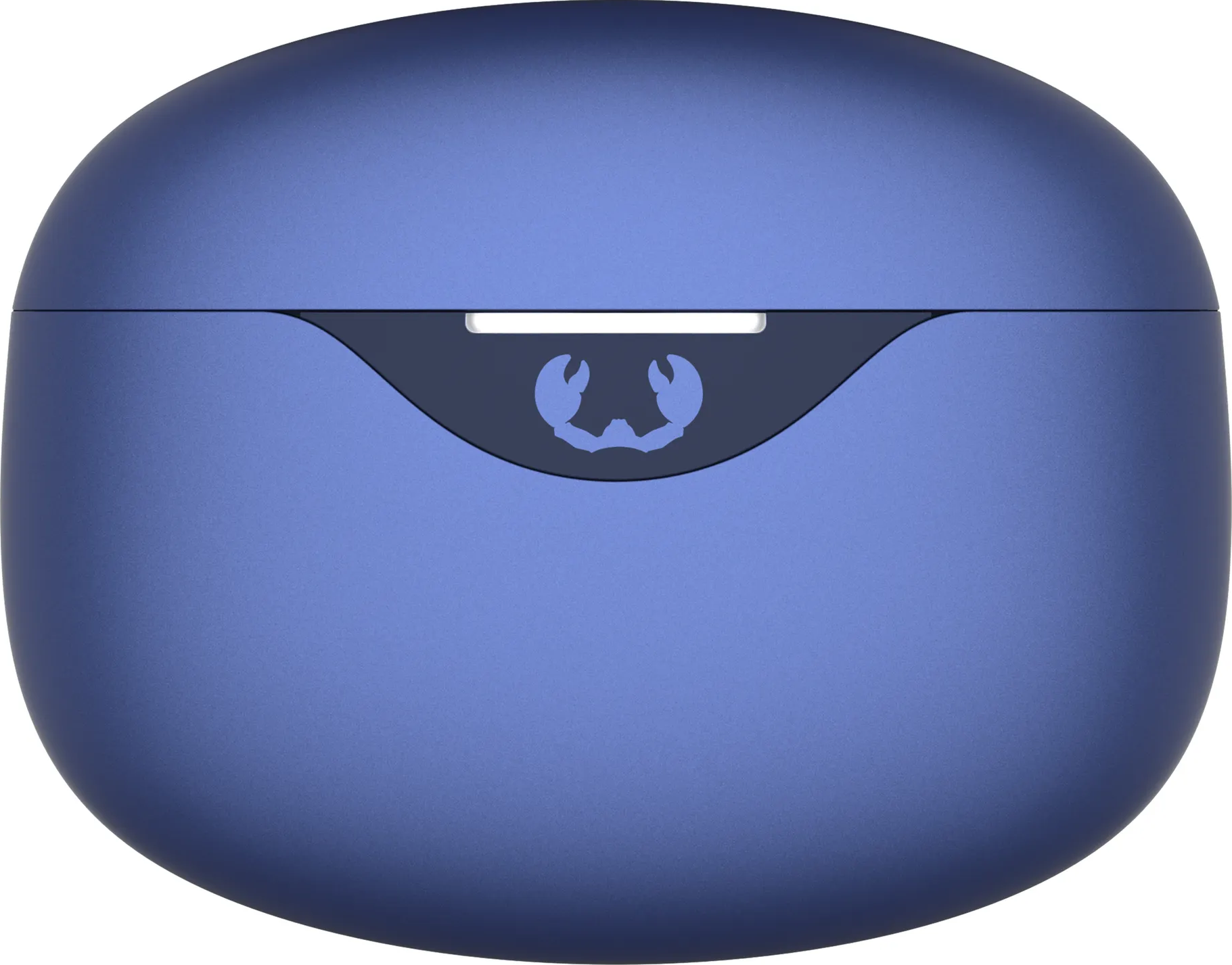 Ein blaues, geschlossenes Etui für Ohrhörer. Das Etui hat ein gewölbtes Design mit einem Logo.