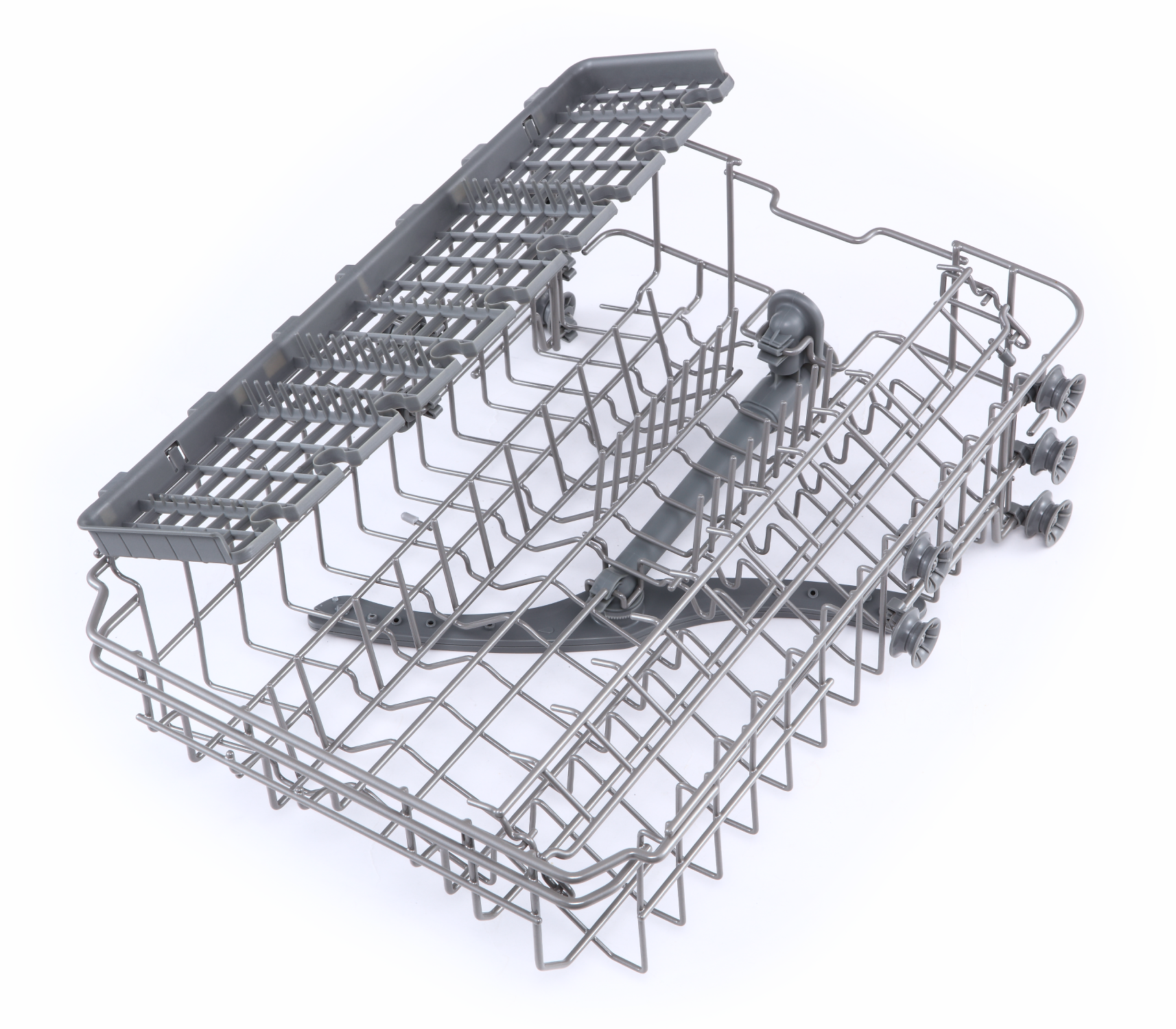 Cesta de lavavajillas sobre fondo blanco, mostrando la estructura interna de metal.
