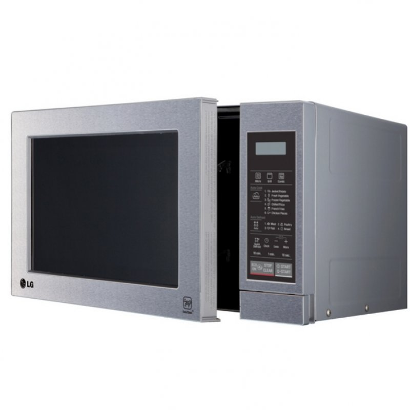 Horno microondas LG de acero inoxidable con puerta abierta, mostrando el panel de control y el interior.