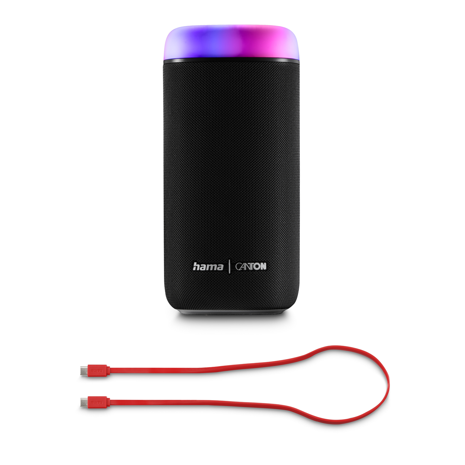 Een zwarte luidspreker met een kleurrijke bovenkant en een rode USB-kabel op een witte achtergrond.