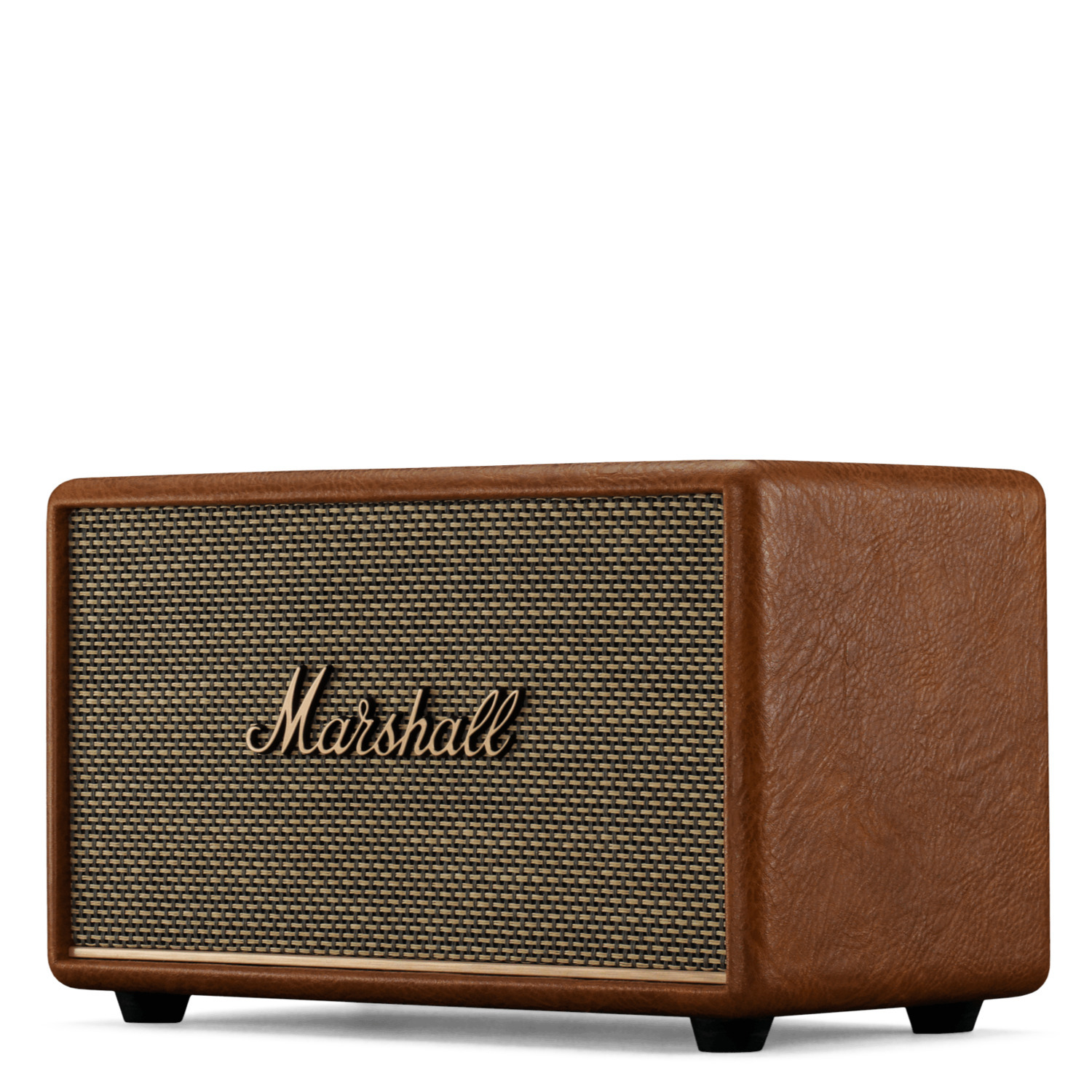 Bruine luidspreker met een gaasfront. Marshall-logo in goud. Geplaatst op een witte achtergrond.