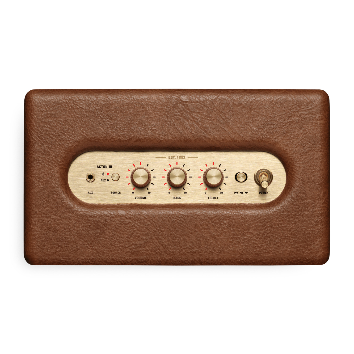Bruine Marshall speaker met gouden bedieningspaneel.