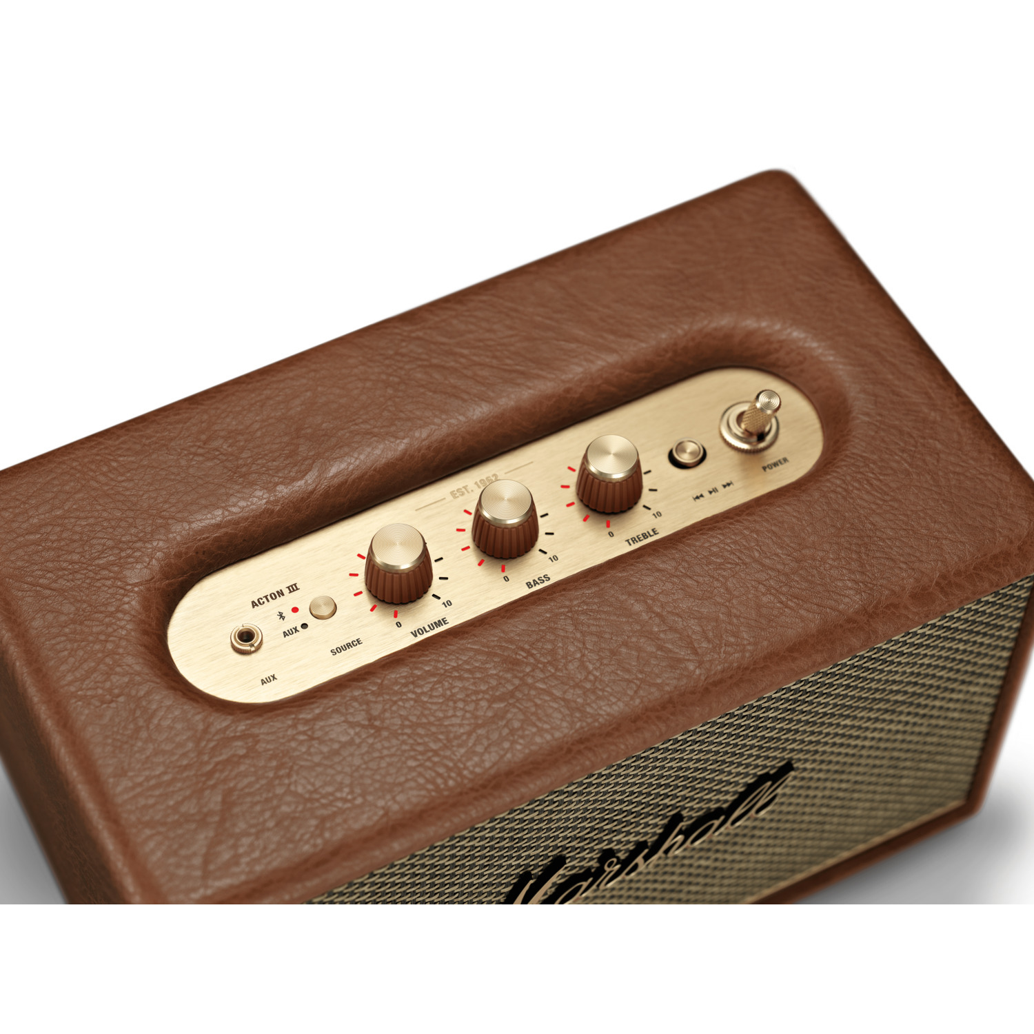 Close-up van een bruine Marshall-luidspreker met bedieningsknoppen en gouden details.