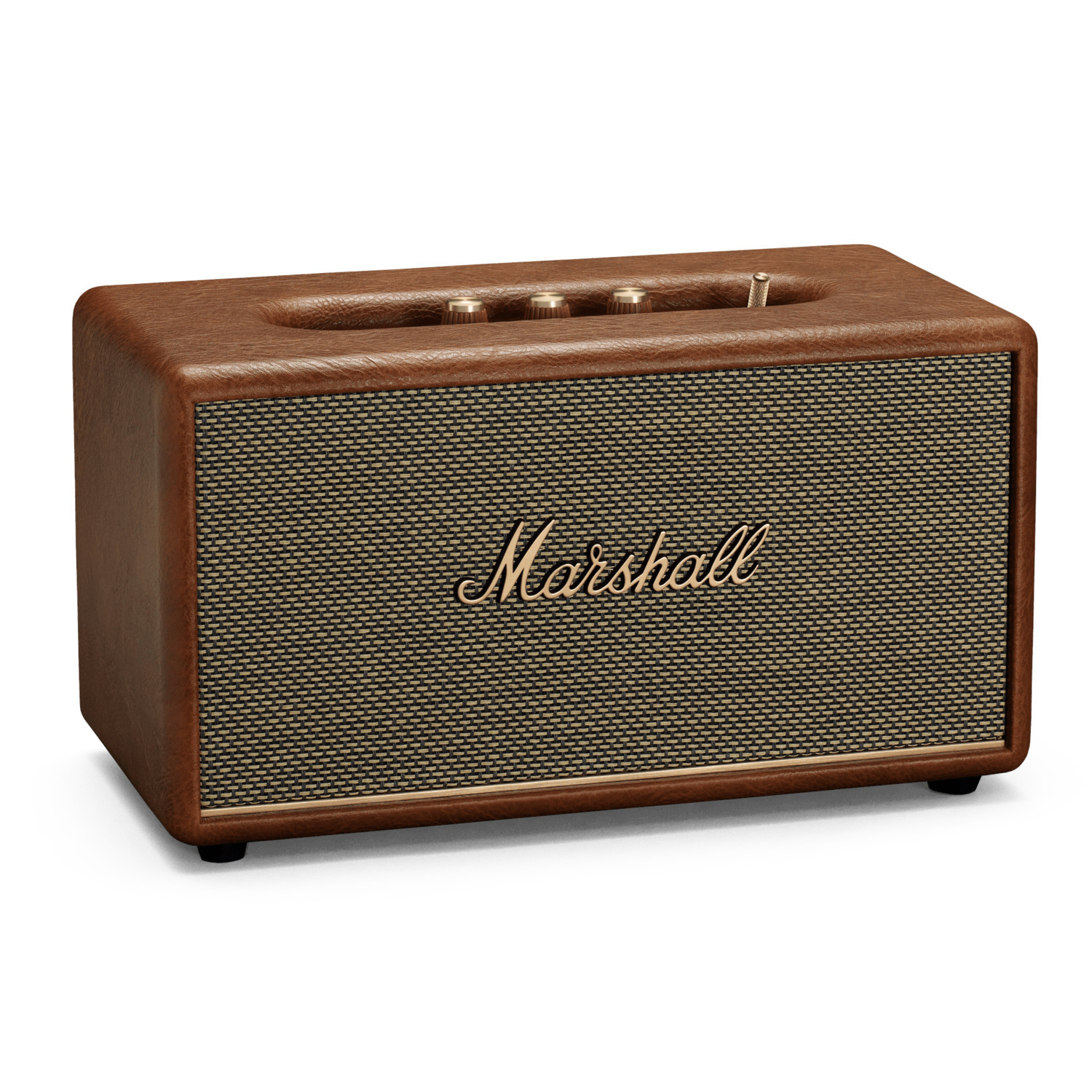 Bruine Marshall-luidspreker. Het heeft een gouden mesh luidsprekercover en gouden knoppen.
