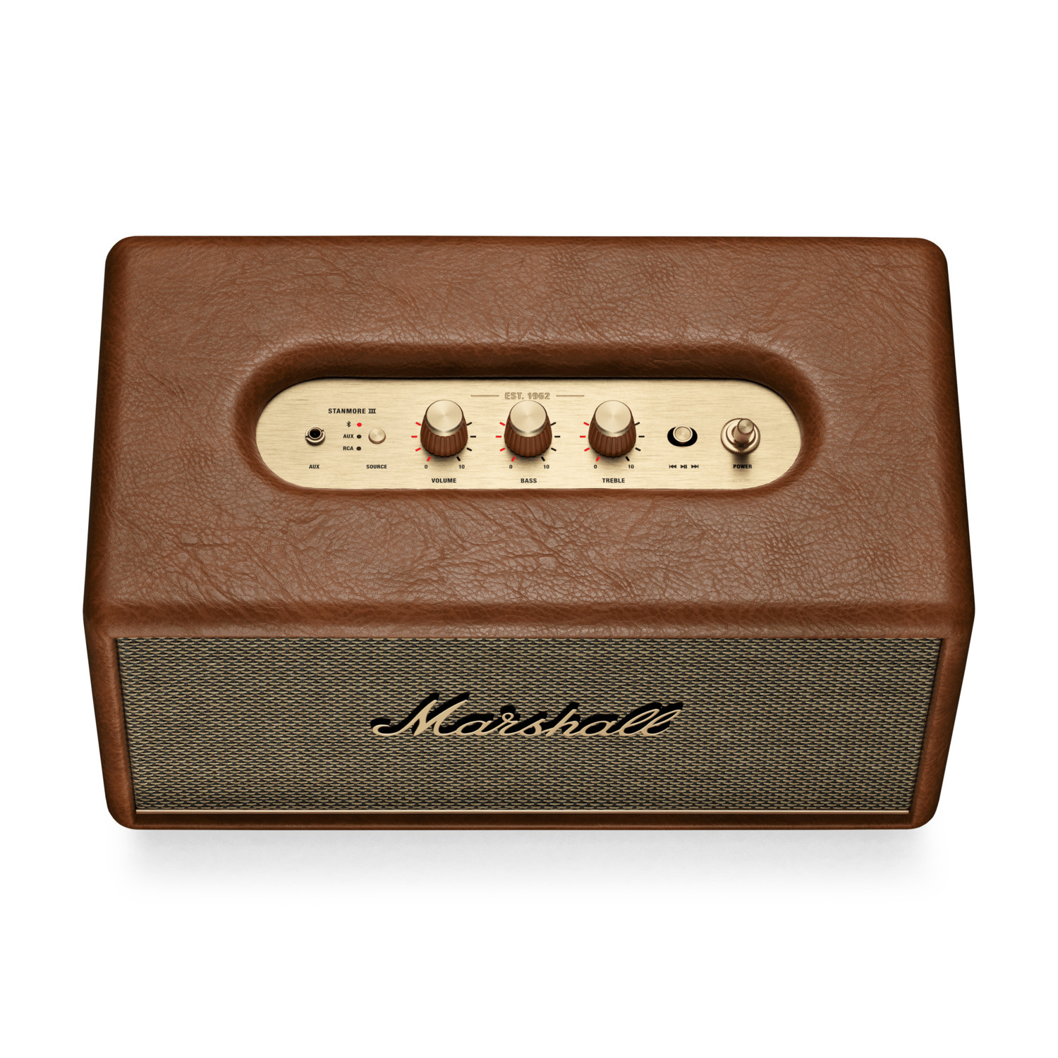 Een bruine Marshall-luidspreker met een goudkleurig voorpaneel, knoppen en het Marshall-logo.