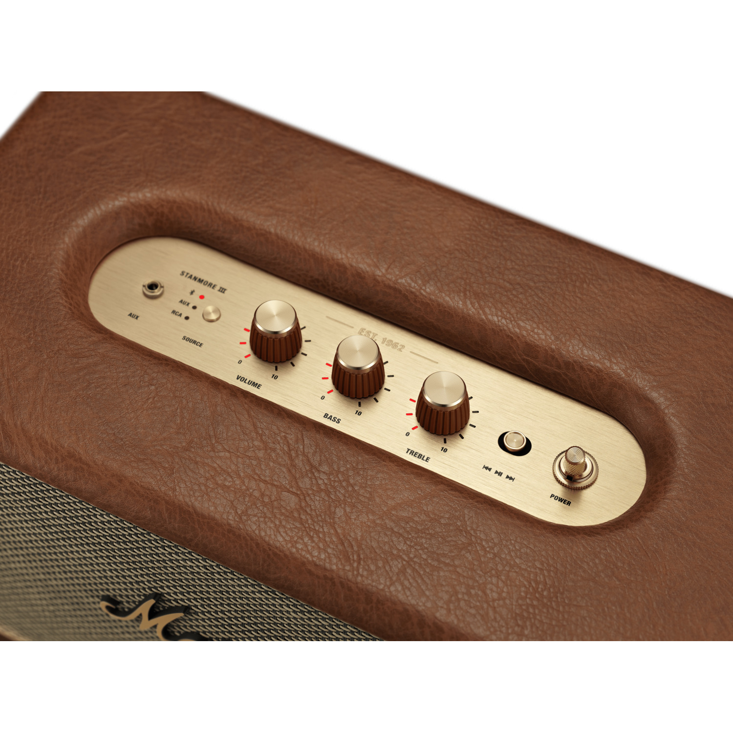 Close-up van de Marshall speaker controls: volume, bas, treble, power.