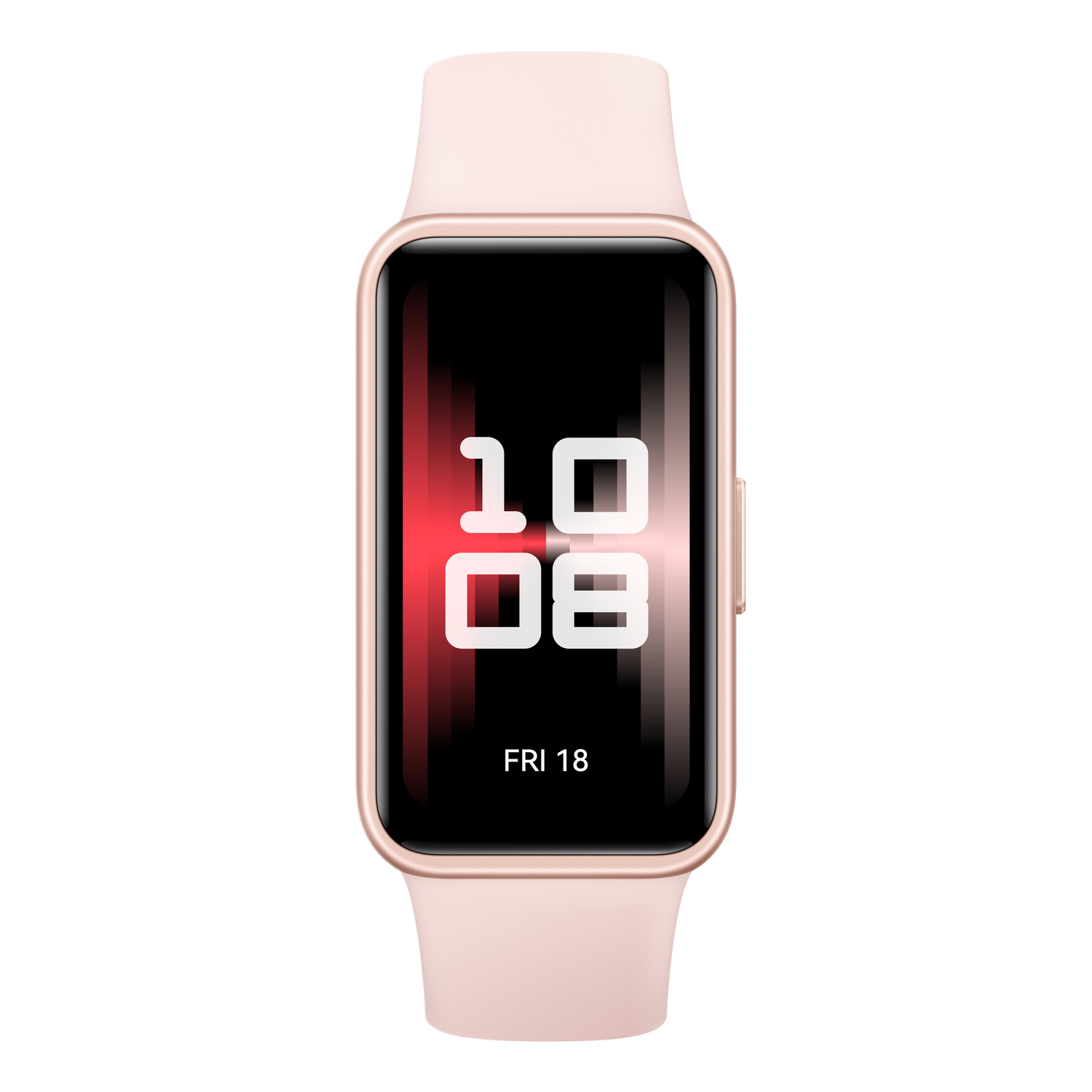 Montre connectée rose avec écran noir affichant l'heure et la date.