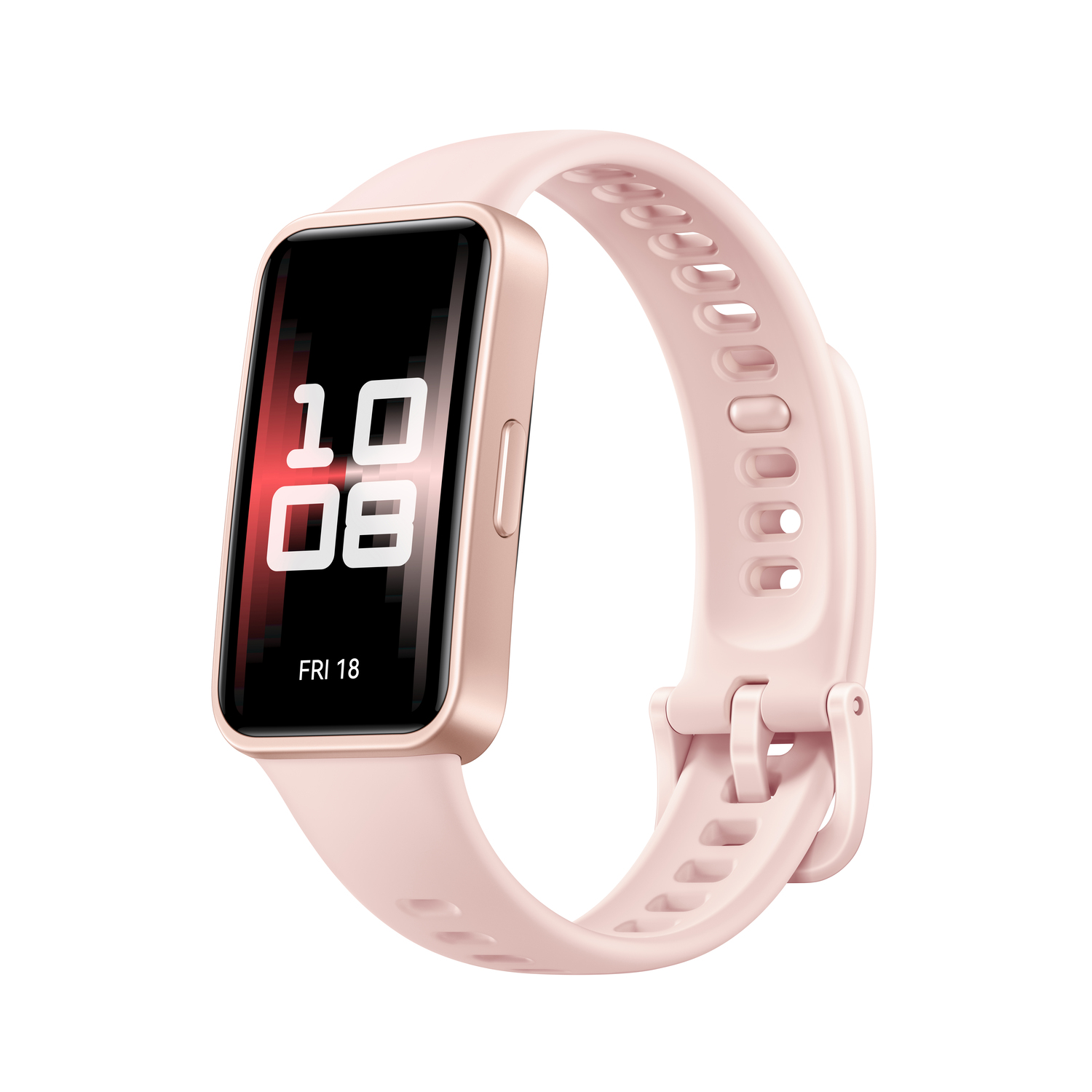 Smartwatch rose affichant l'heure et la date, attachée à un bracelet rose.