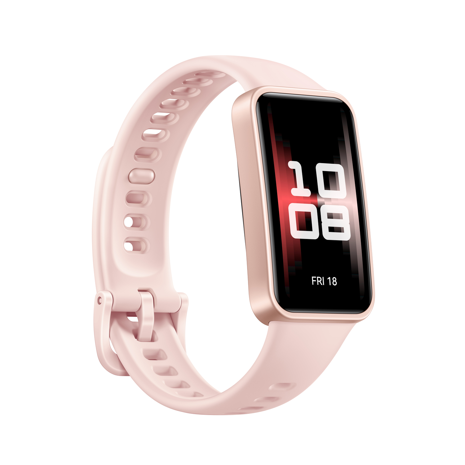 Un bracelet intelligent Huawei rose affichant la date et l'heure.
