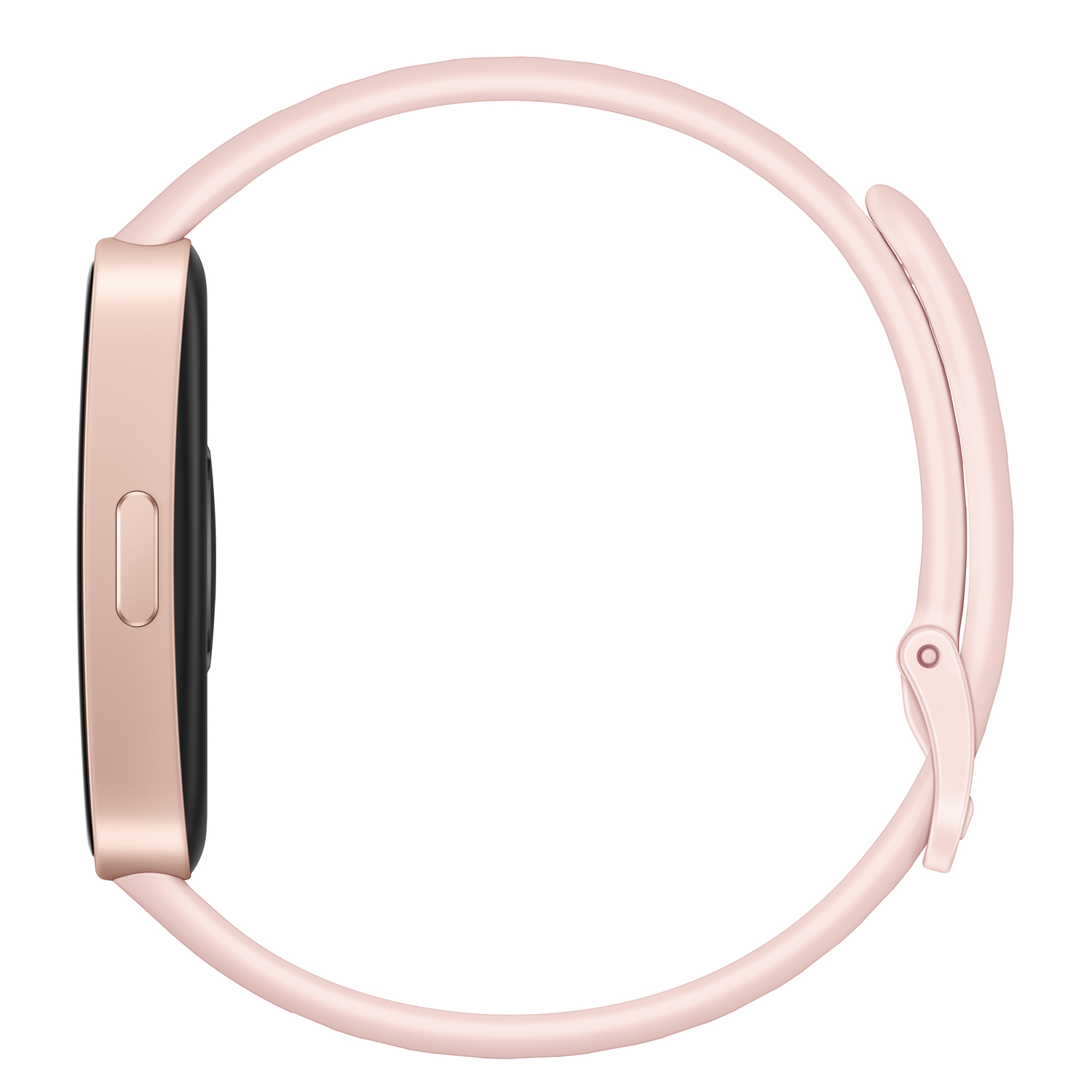 Vue latérale d'une smartwatch rose avec écran noir et bracelet rose.