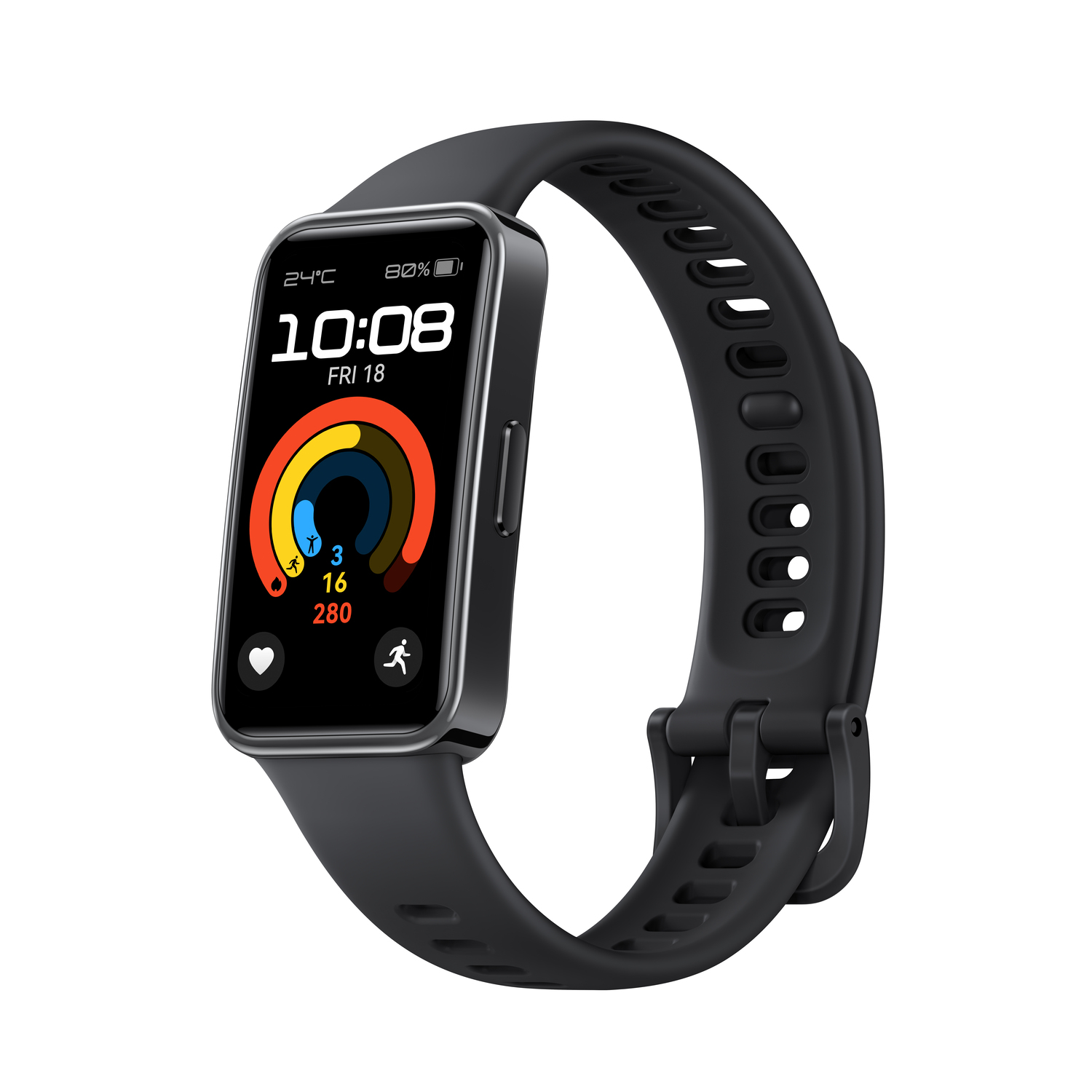 Montre intelligente noire avec écran rectangulaire, affichant l'heure et les données de santé, et bracelet noir.