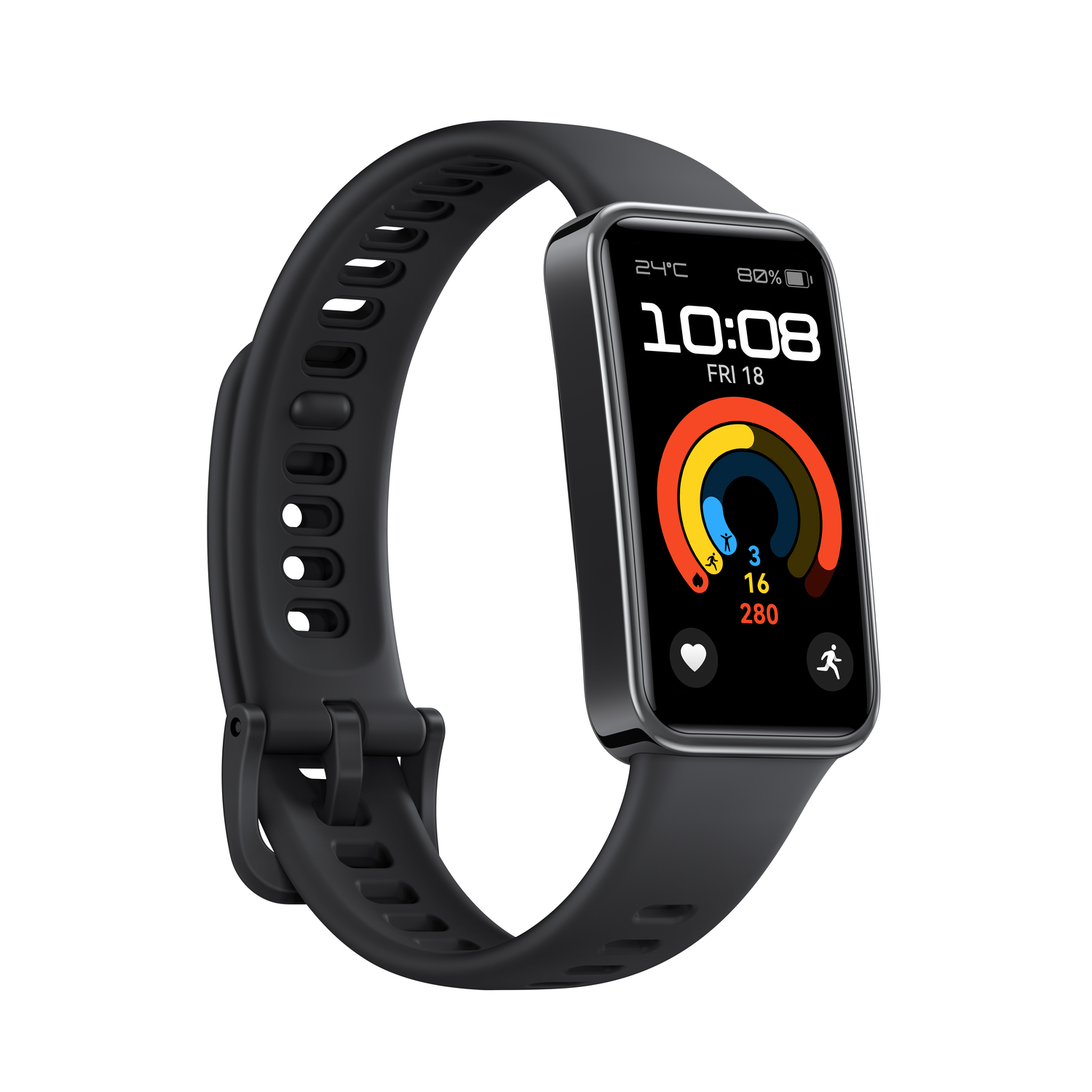 Smartwatch noire avec affichage de données, attachée à un bracelet noir.