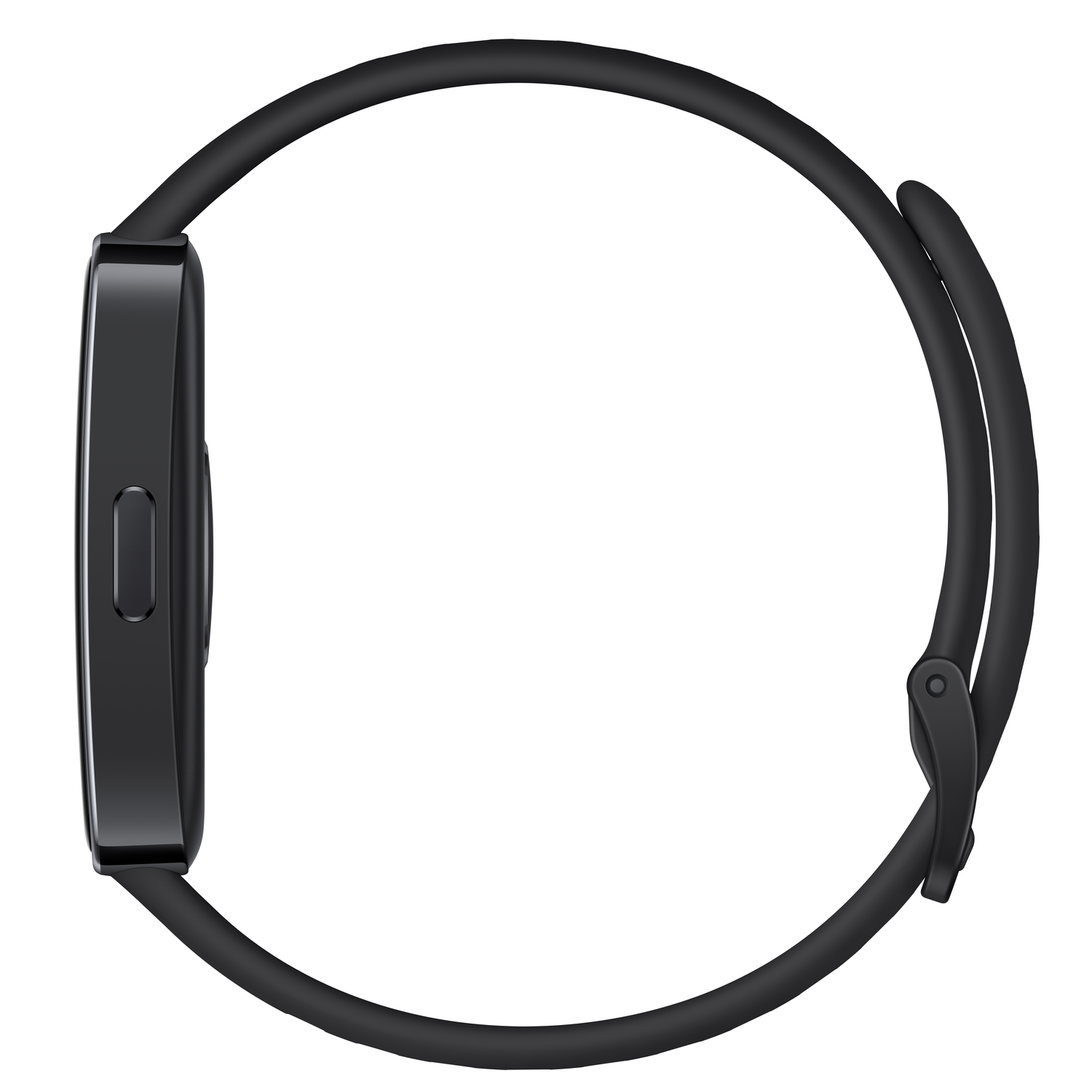 Une montre de suivi de fitness noire, vue de côté, montrant le bracelet et l'écran.