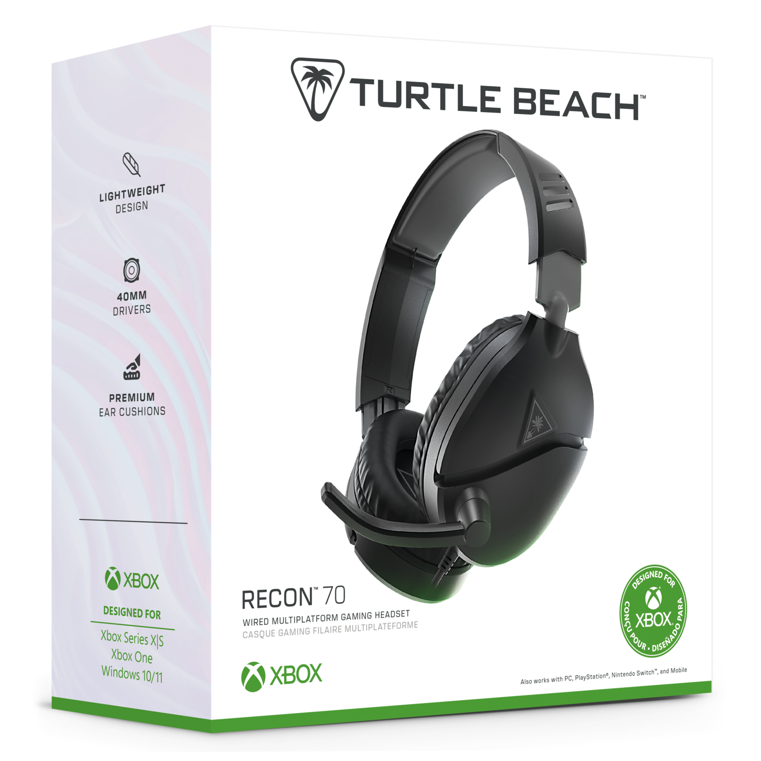 Een zwarte Turtle Beach Recon 70 gaming headset box.