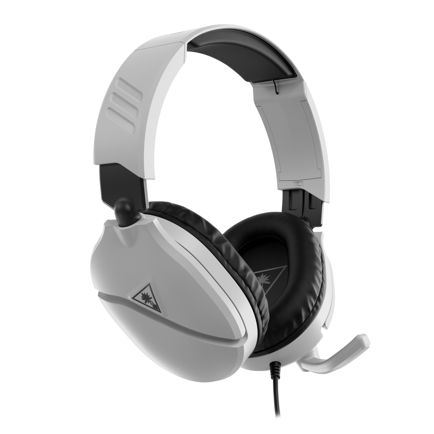 Een witte en zwarte gamingheadset met een microfoon. Het is schuin, met de oorschelpen en hoofdband zichtbaar.