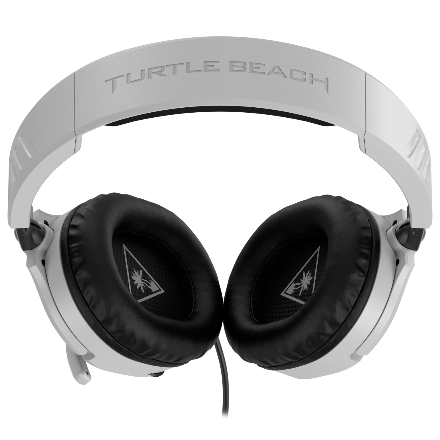 Witte Turtle Beach-headset met zwarte oorschelpen. Logo gecentreerd. Achtergrond is zwart.