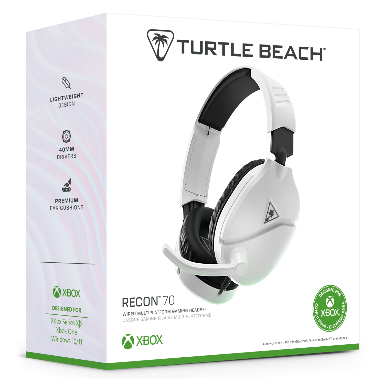 Een witte en zwarte gaming headset, met de merknaam en het logo zichtbaar.