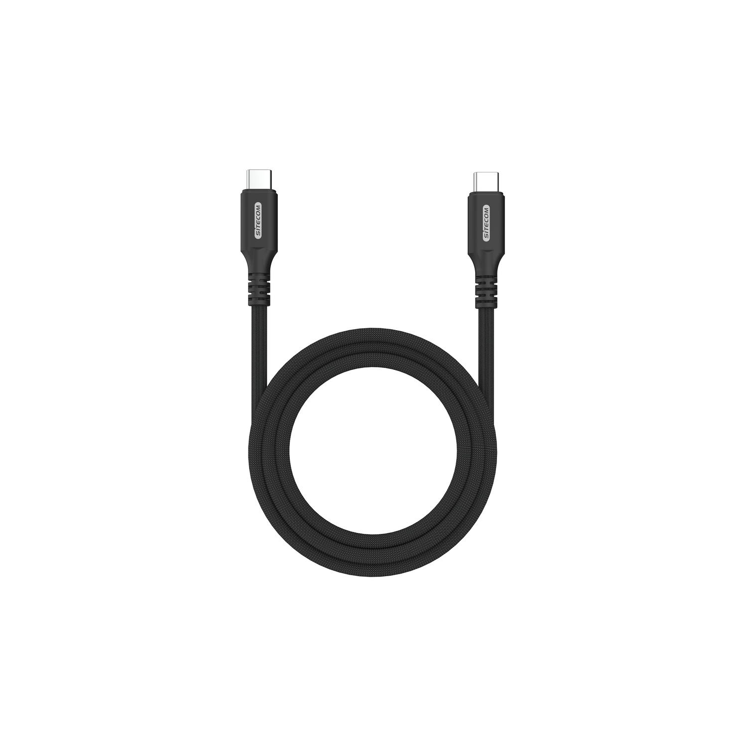 A black USB-C cable with connectors on both ends, coiled in a U-shape.