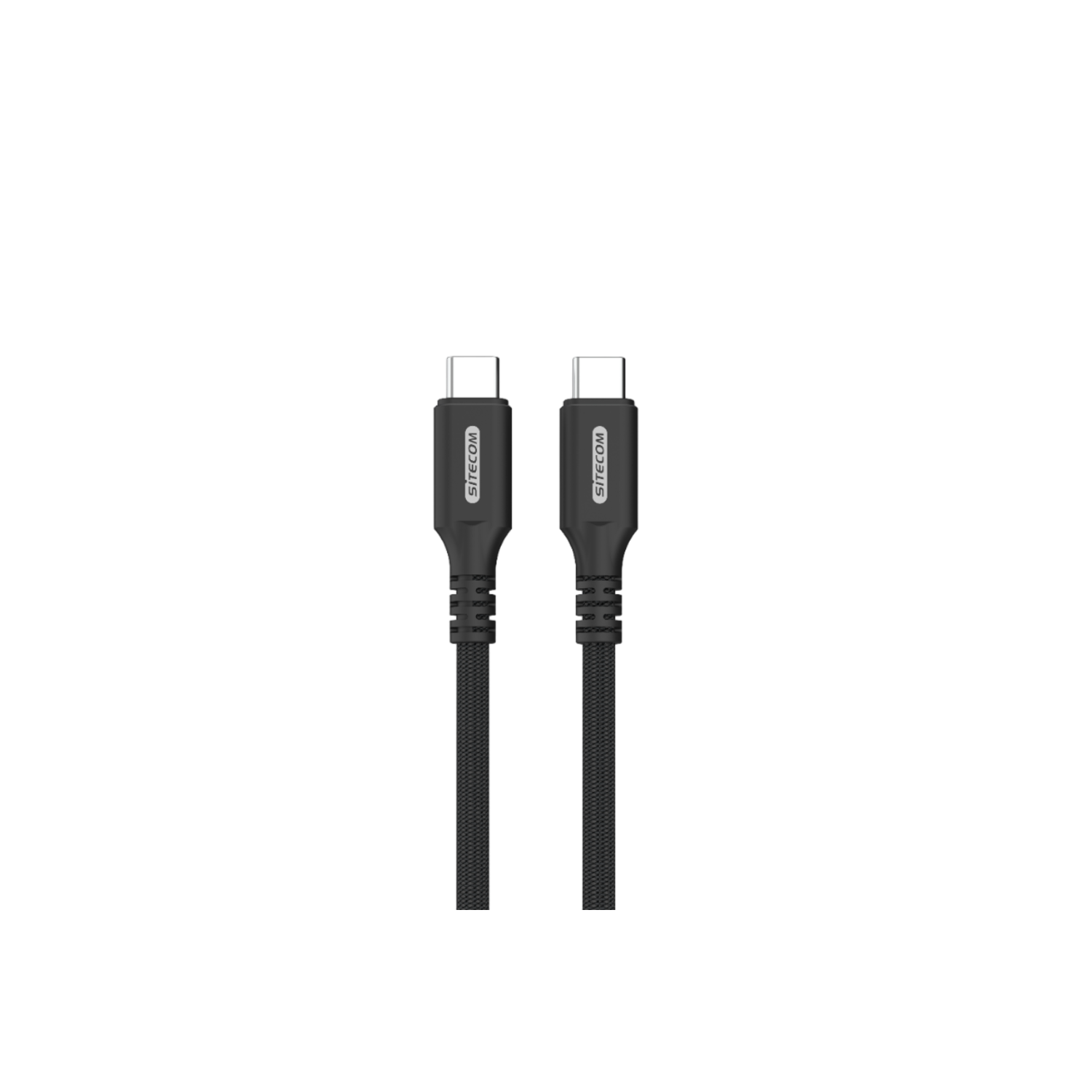 Two black Sitecom USB-C cables. They have a black braided design and white connectors.