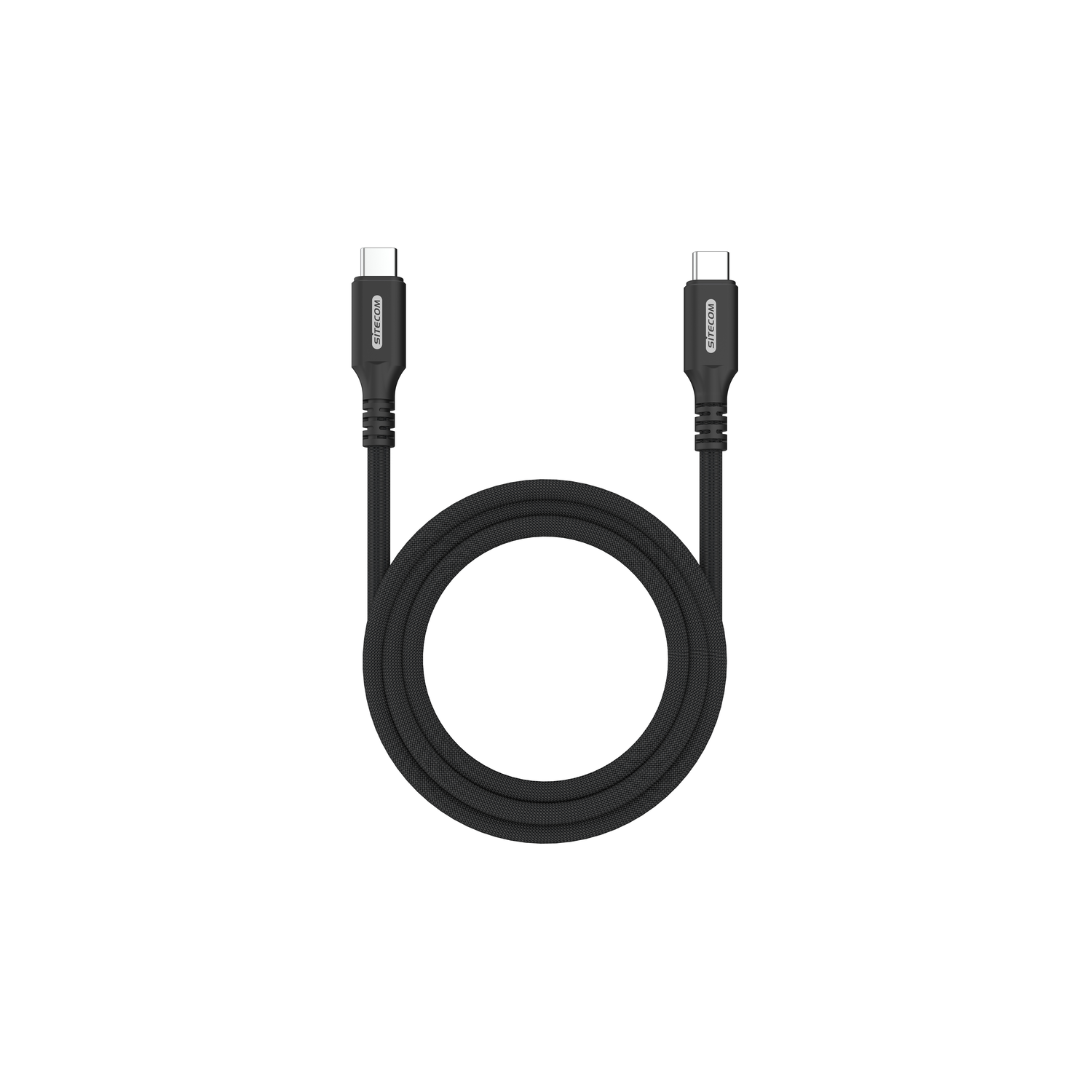 A black USB-C cable, with connectors at both ends, on a white background.