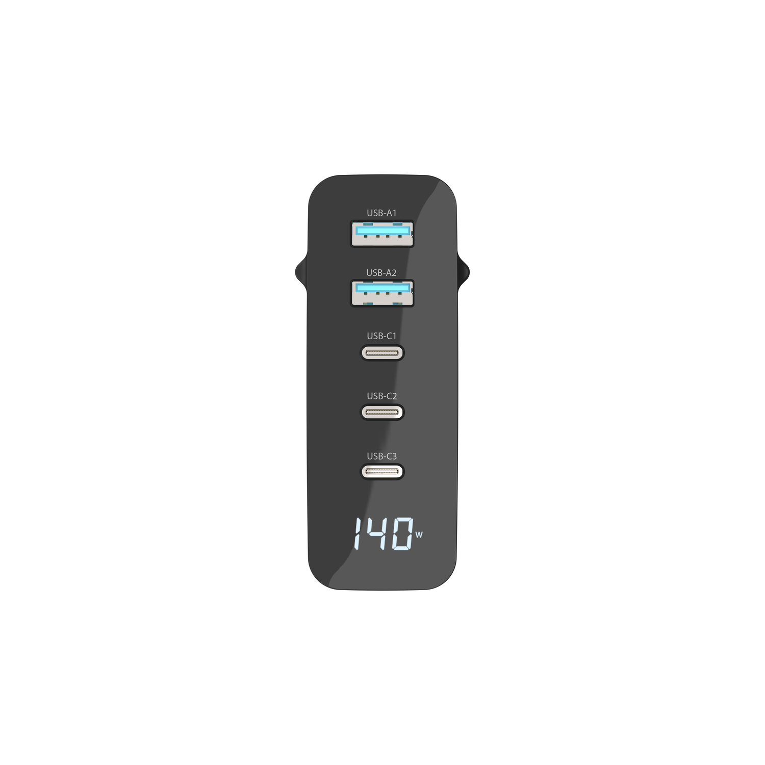Black power adapter with multiple USB ports, showing the ports and a 140W display. White background.