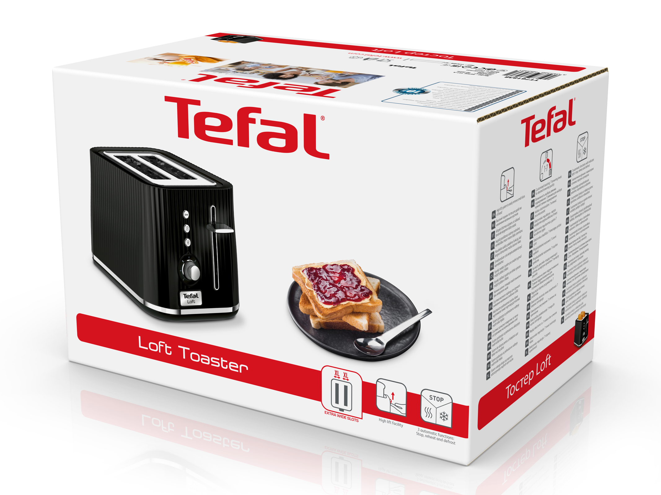 Pudełko Tefal Loft Toaster z czarnym tosterem i tostami.
