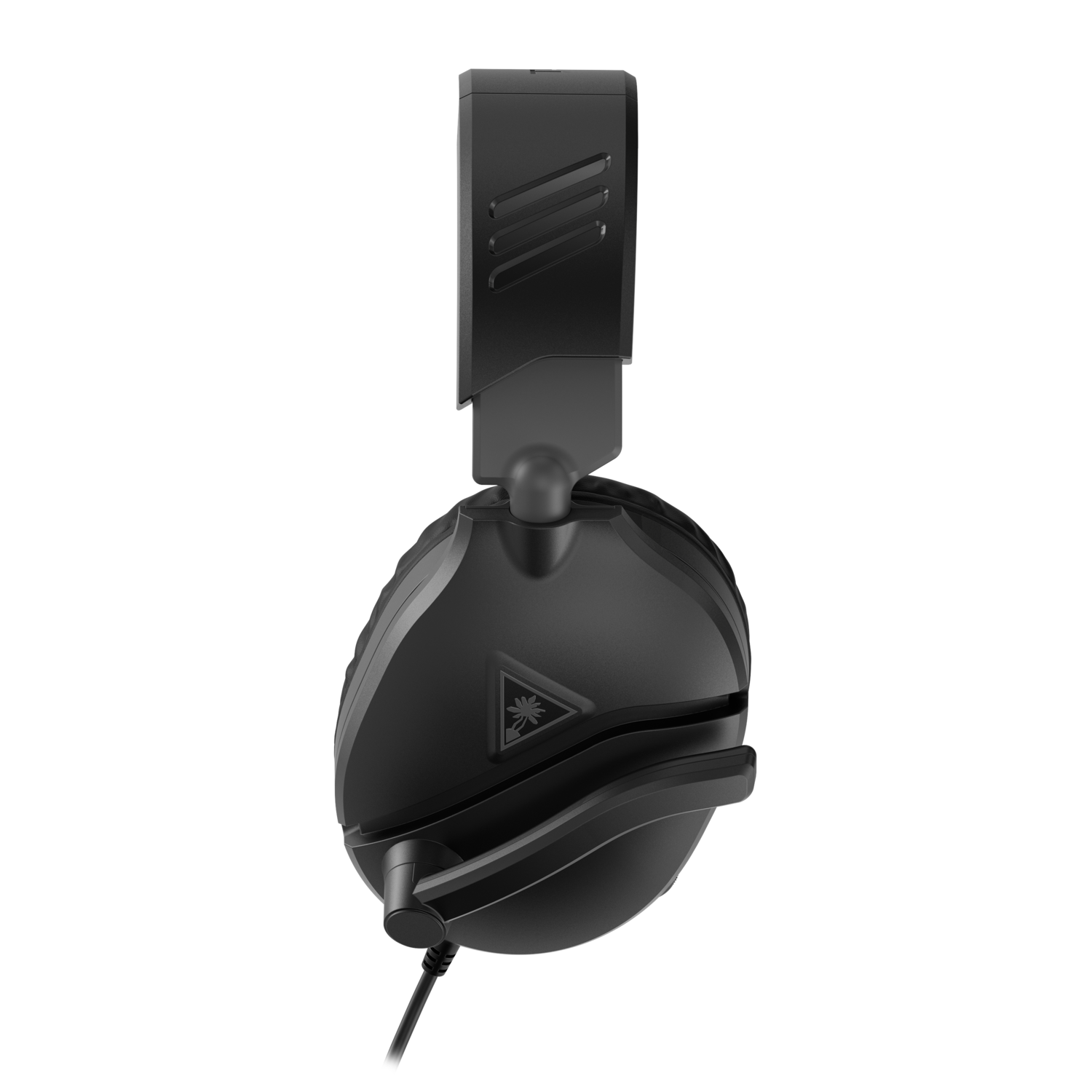 Black gaming headset, with a microphone and a black background.