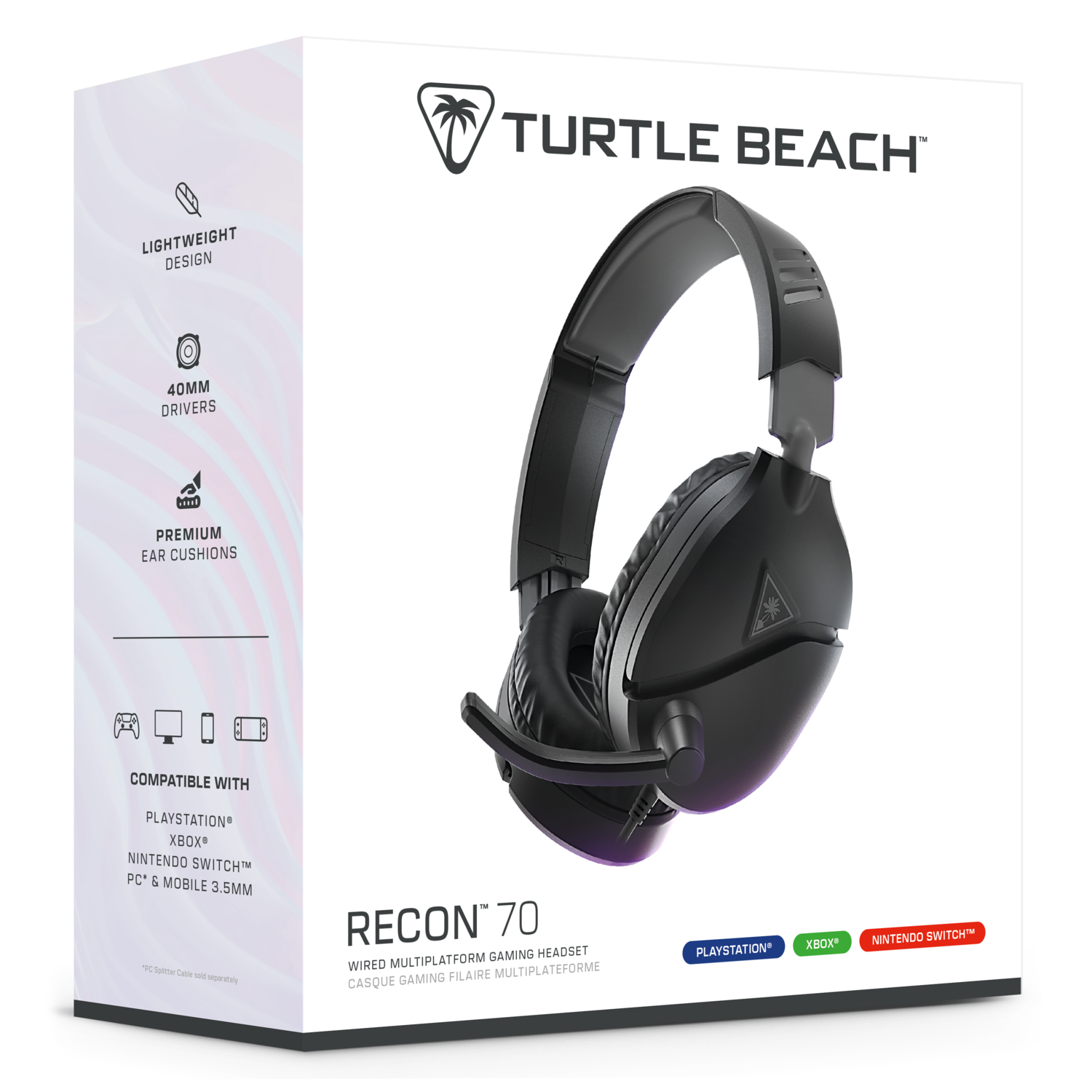 A black Turtle Beach Recon 70 gaming headset.