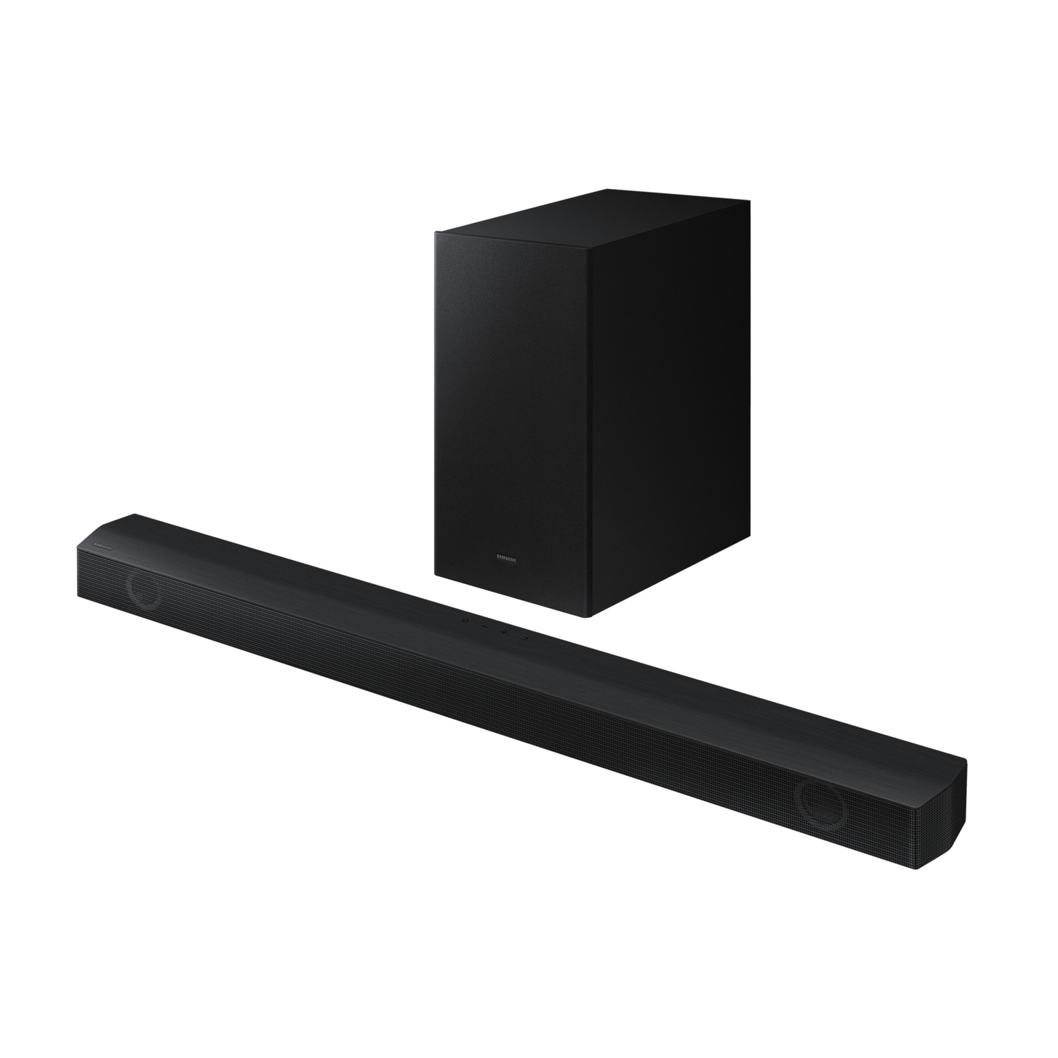 Ensemble barre de son et caisson de basses noir sur fond blanc.