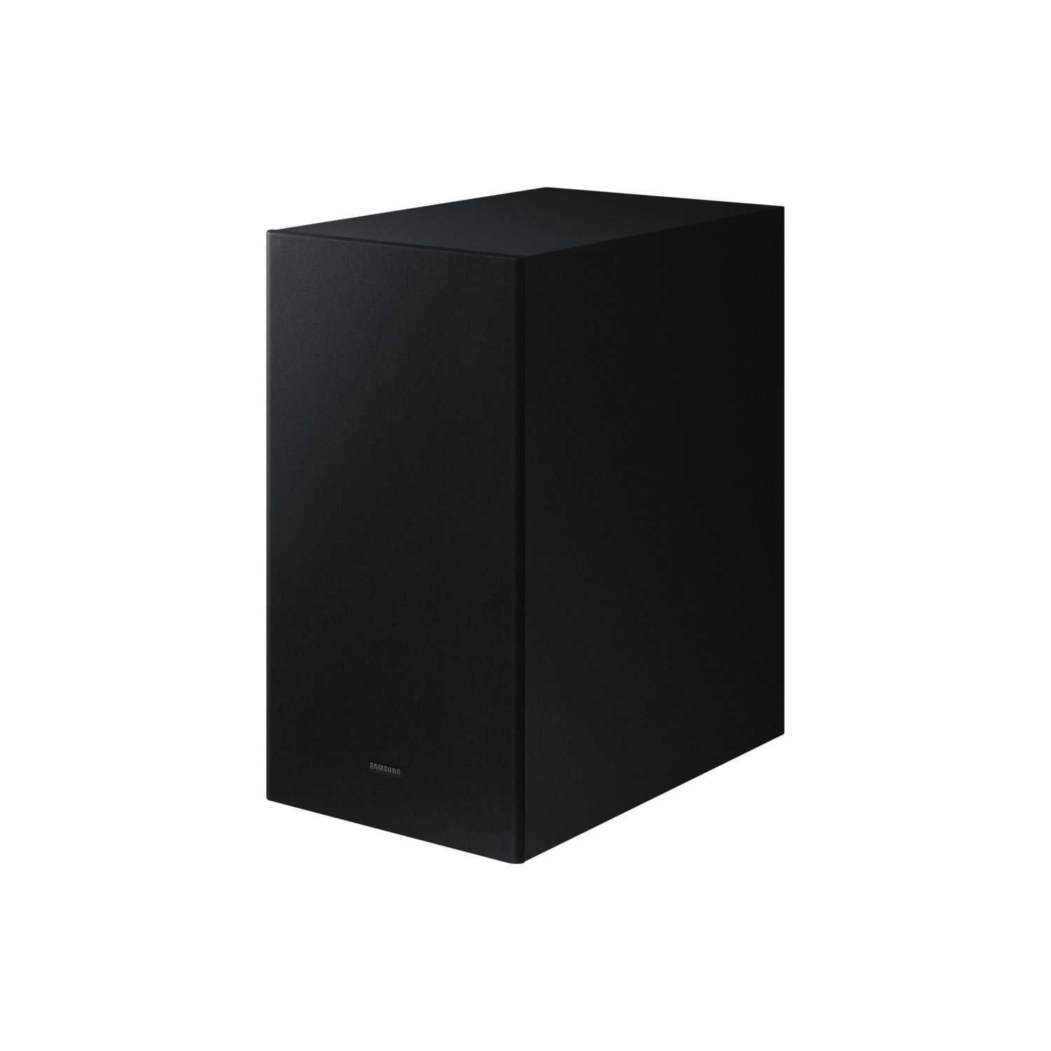 Caisson de basses Samsung noir, forme rectangulaire, avec le logo Samsung dans le coin inférieur gauche.
