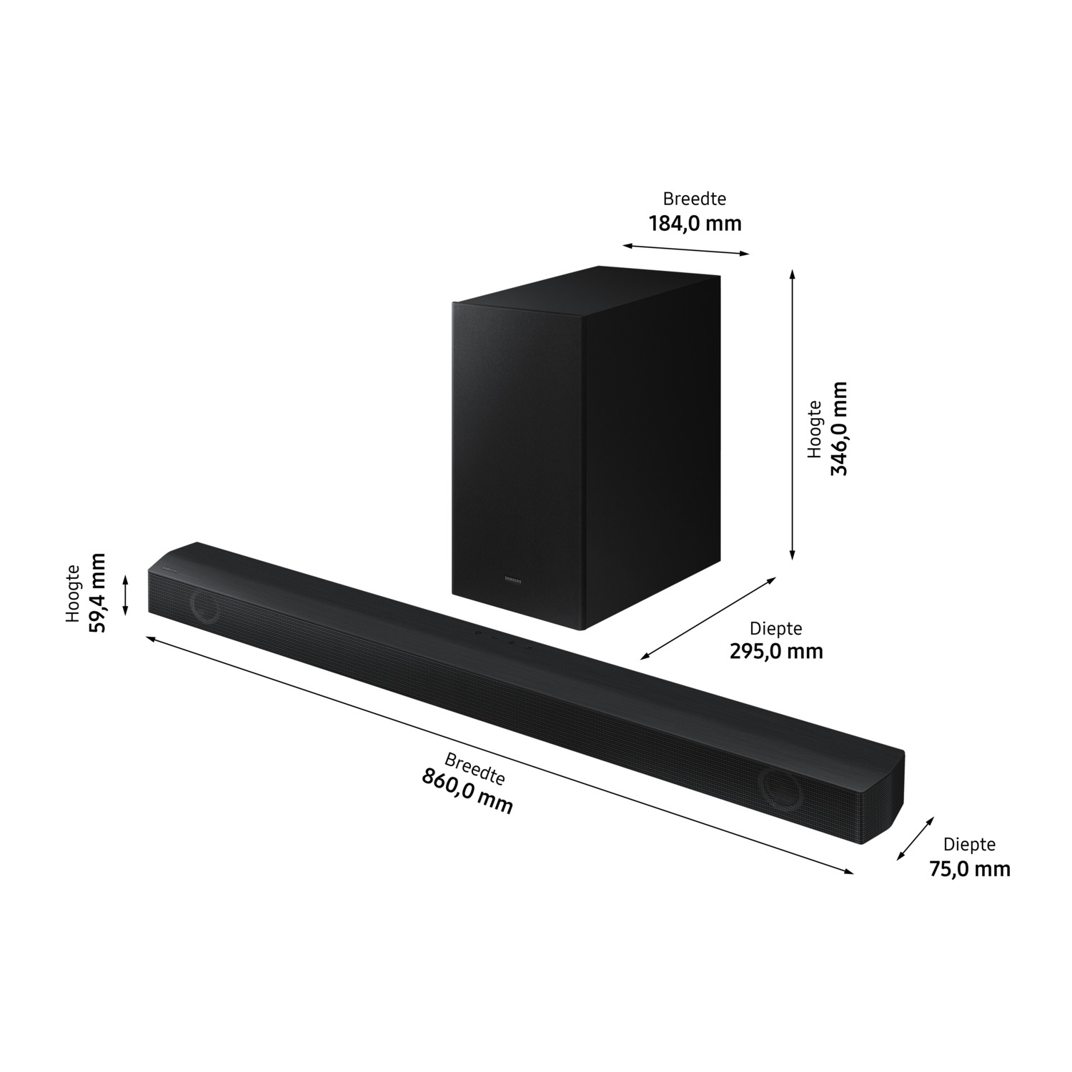 Barre de son et caisson de basses noirs avec des mesures en mm. Les dimensions sont indiquées sur les objets.