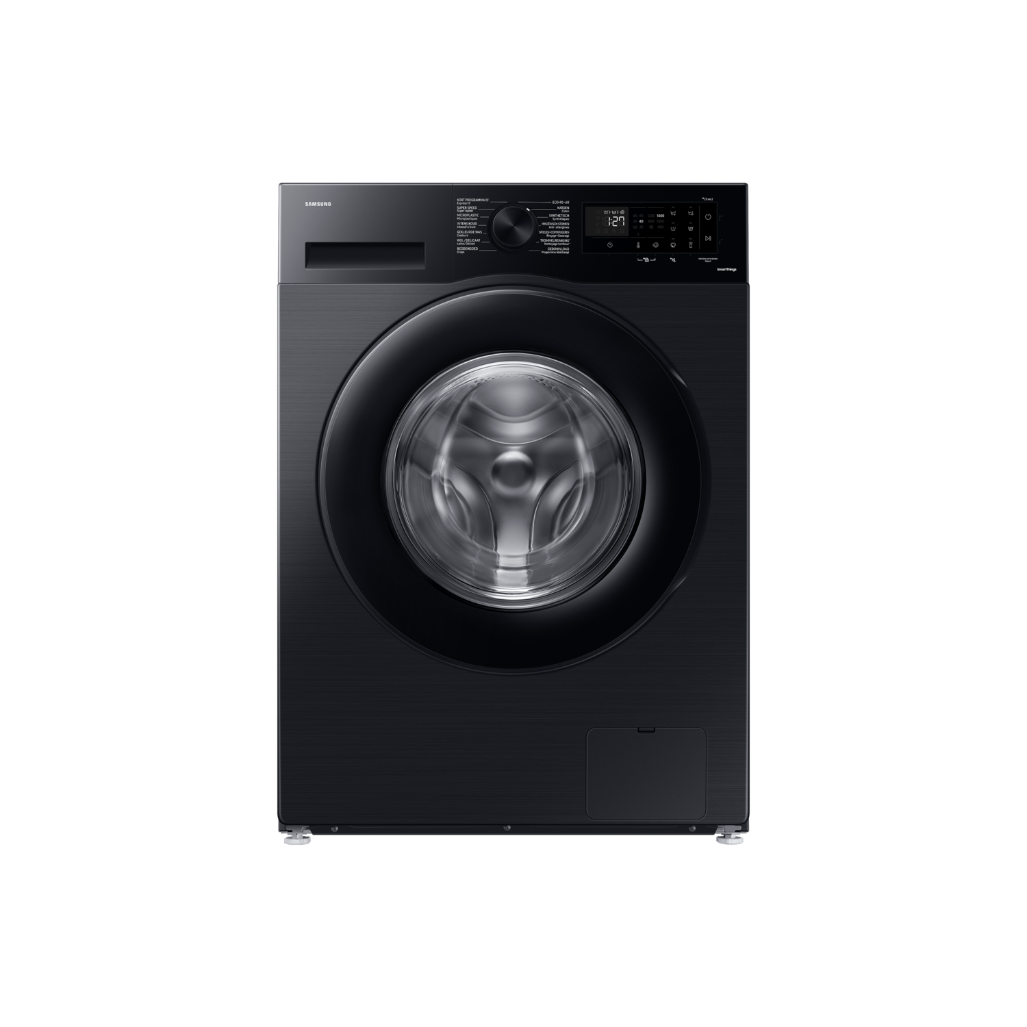 Een zwarte wasmachine. Een bedieningspaneel rechtsboven. Hij heeft een ronde glazen deur.