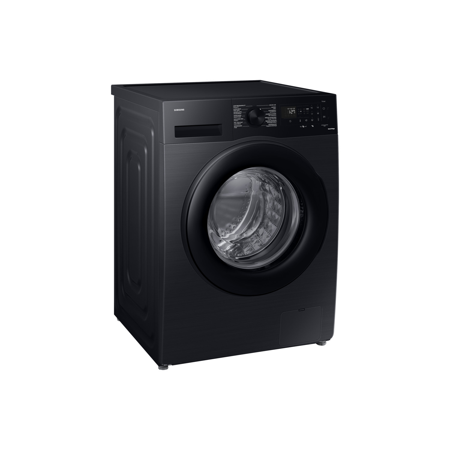 Zwarte Samsung wasmachine, vooraanzicht.