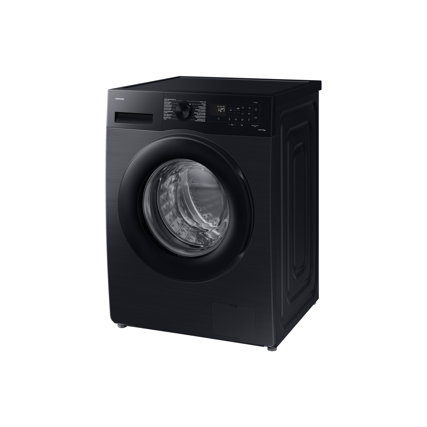 Zwarte wasmachine met bedieningspaneel en deur, schuine weergave.